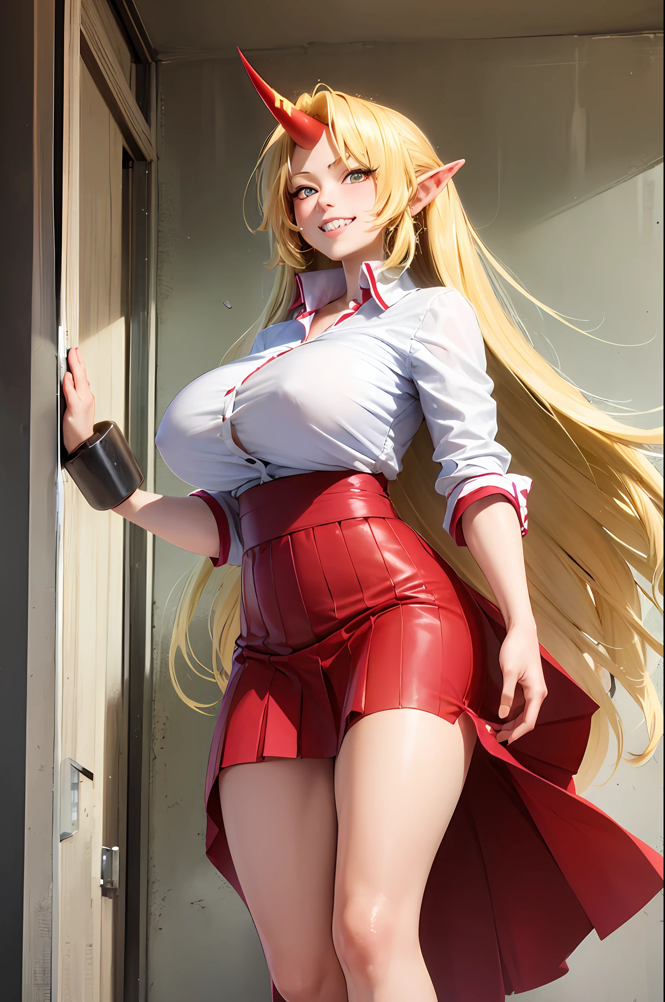 hoshiguma yuugi,1girl,single horn, pointy ears, blonde hair, long hair,yellow eyes,shackles ,white shirt,skirt,, muscle girl, huge breast,walking, single horn, long skirt, flip flops, sharpteeth, smile, tomboy,very long skirt, blue and red skirt