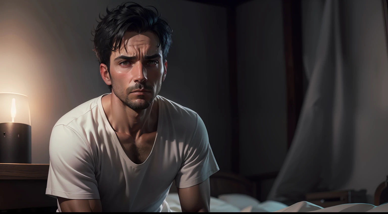 ultra realistic 8k image of a 37 year old man, short black hair, sitting on a bed in a dark bedroom in a farmhouse, dressed in a white T-shirt and black shorts, looking up, irritated, night, environment dark