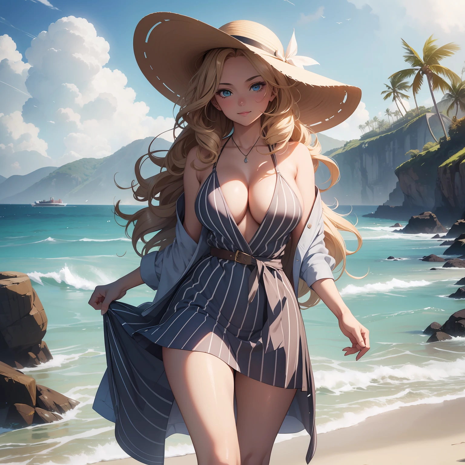 (masterpiece, best quality), photorealistic, cinematic, anime girl in Nautical-themed striped shirt dress with a rope belt and espadrilles, seaside, 1 girl, blonde hair, (beachy waves hairstyle:1.5), full-body shot, head to toe visibility, perfect anatomy, large cleavage, wardrobe malfunction, panty is slightly shown, nipples slightly shown, long round legs, big round ass, curvaceous body, alluring, perfect eyes, perfect hands, standing near the water's edge, one foot slightly in front of the other, creating a casual yet confident stance, the model can hold onto the brim of her sun hat, giving a relaxed and stylish vibe, bright and genuine smile that radiates warmth and happiness, the model's gaze can be directed towards the camera, capturing a moment of connection and joyful energy, extremely detailed Artgem, ig model, artgem, alena aenami and artgem, krenz cushart and artgem, artgem and atey ghailan