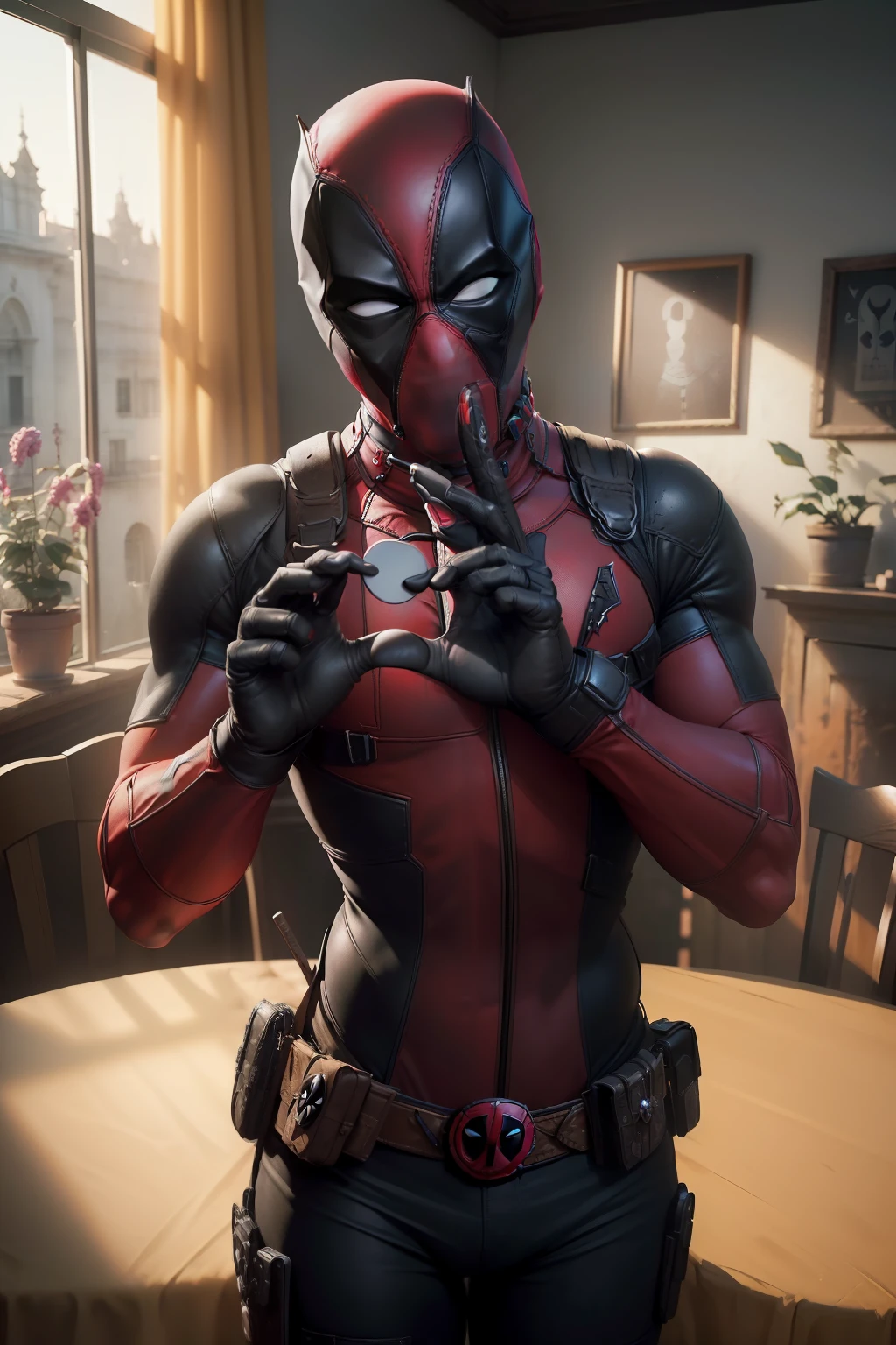 (obra-prima:1.43), (absurdos:1.49), (realista, fotorrealista:1.37), (signings:1.39), (8k:1.39), (melhor qualidade:1.39), (Deadpool), Showing a heart with hands , interior, dynamic  lighting, fundo detalhado,
