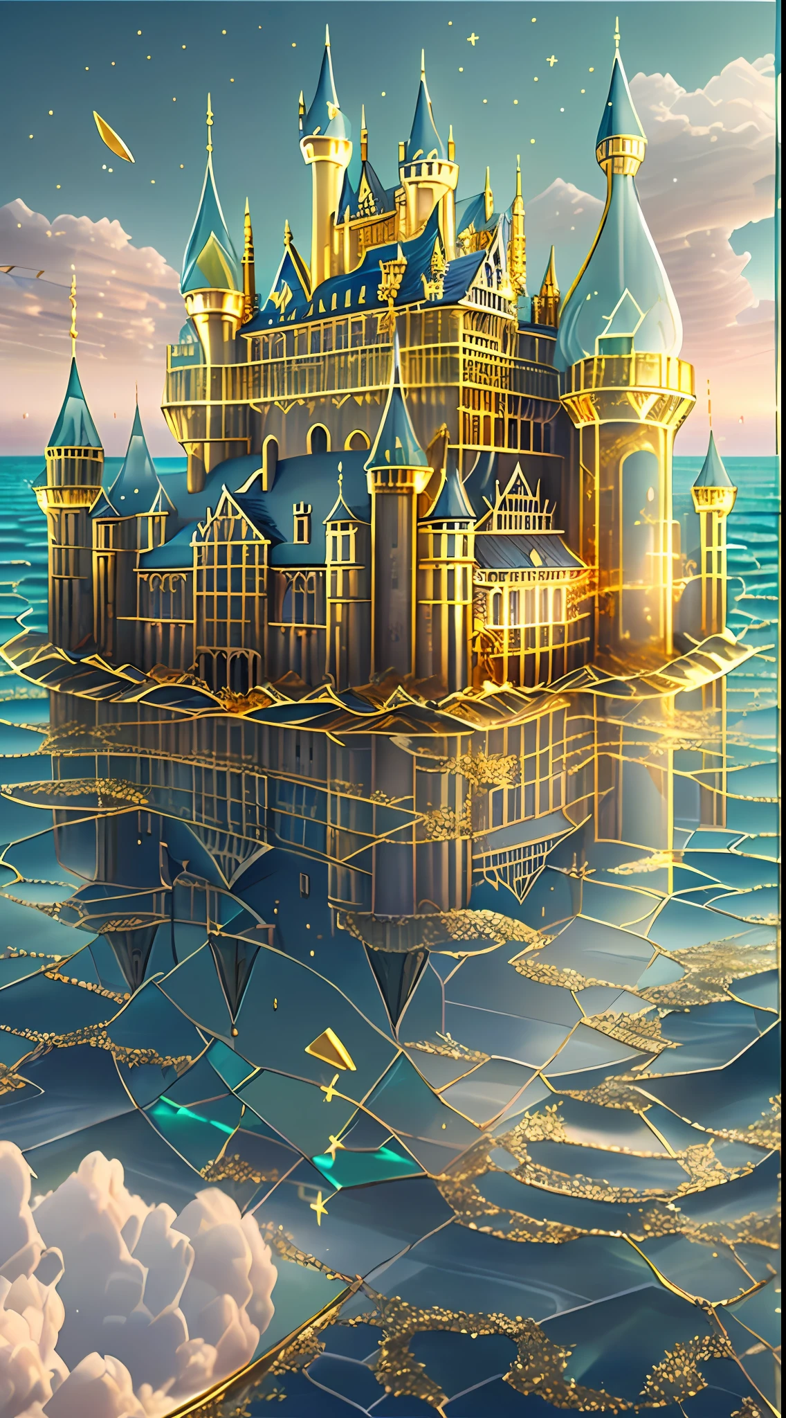 "(A stunning castle made of glass and gold Floating in the sky:1.4), majestic, cloud, (underneath we see a beautiful ocean with waves), (best quality:1.3), (highres:1), (incredible:1.3), (perfect:1.3), (perfection:1.3), (detailed:1.3) art of 3D Studio " floating