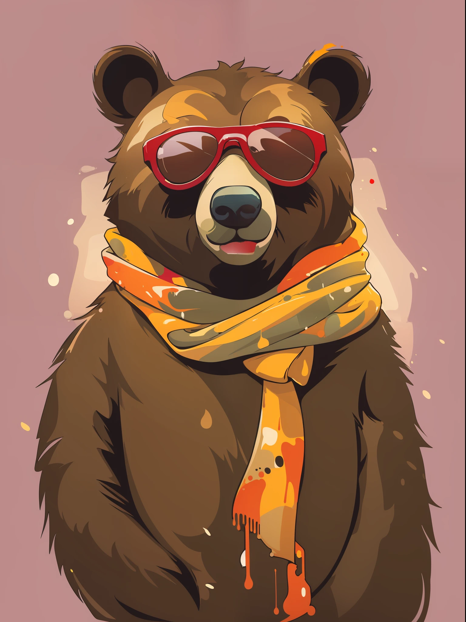 Brown bear, in a scarf, wearing sunglasses, Smiling, (((Masterpiece)), (((4k))), (((Leaking paint))), ((((Flat Vector Picture))))