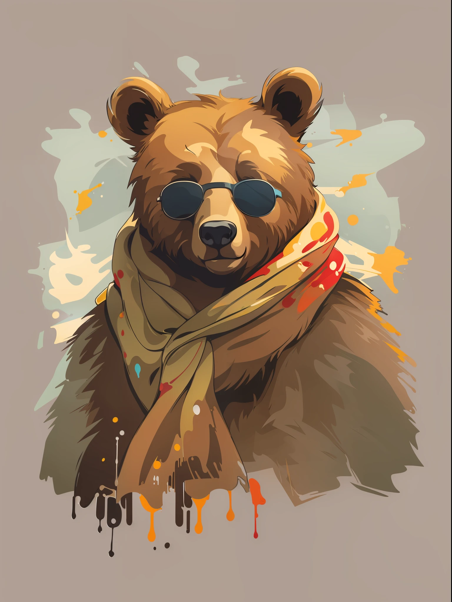 Brown bear, in a scarf, wearing sunglasses, Smiling, (((Masterpiece)), (((4k))), (((Leaking paint))), ((((Flat Vector Picture))))