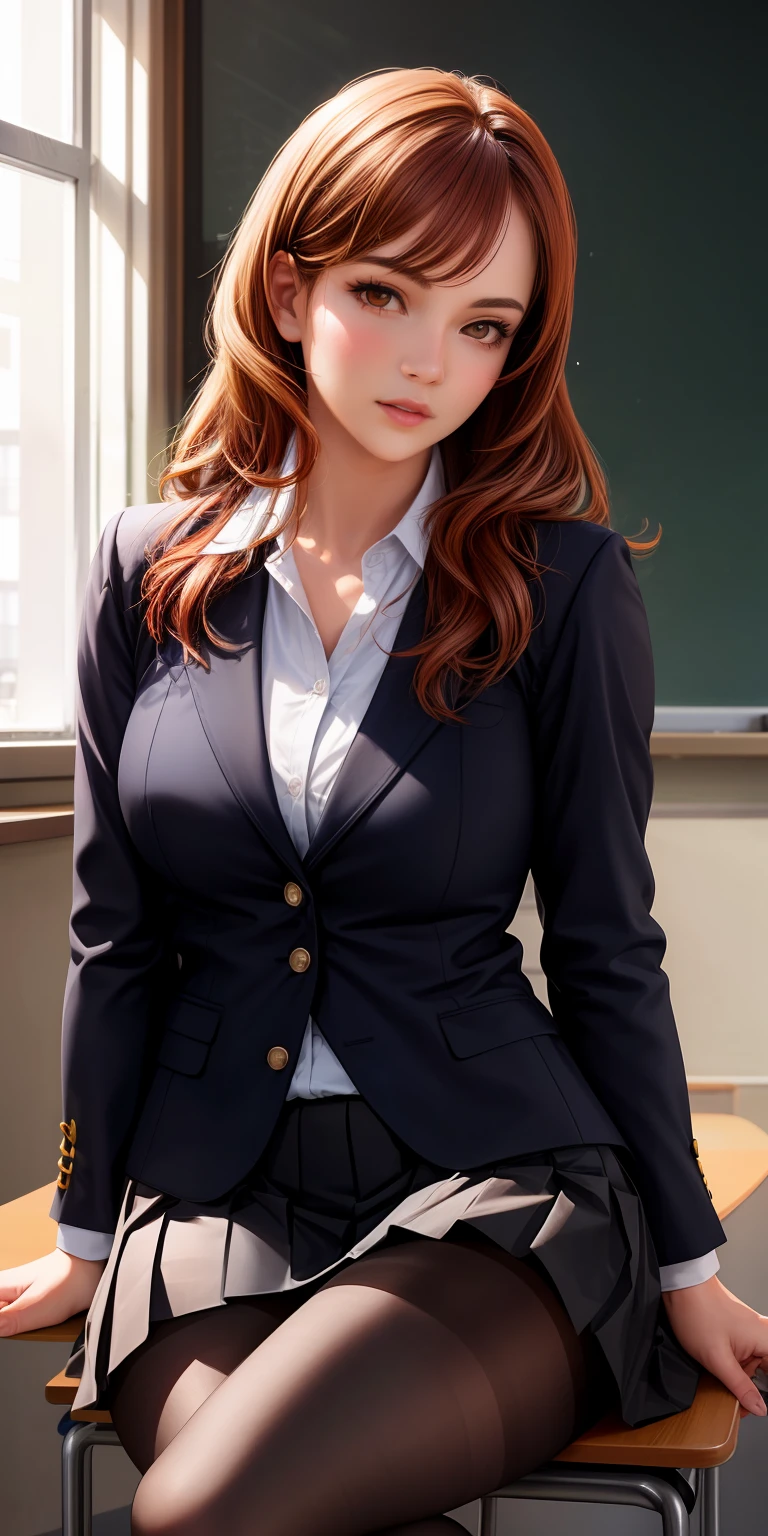 best quality, ultra high res, classroom, (photorealistic:1.4), 1girl, sitting, intimate, reddish brown hair, blazer, pleated skirt, brown eyes, pantyhose