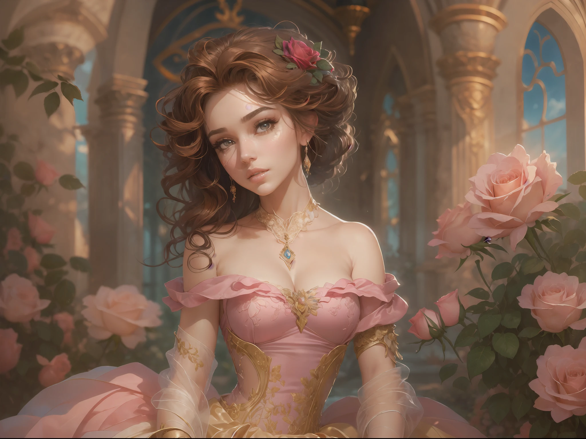 This artwork is in the style of realistic fantasy set in the castle's rose garden. Generate a woman with a beautiful detailed face dressed in the billowing folds of a stunning yellow French silk ballgown. The gown features ruffles, sashes, and bows, and its bodice is delicately but intricately hand-embroidered. The woman's sweet face is ((((highly detailed, with realistic features and soft, puffy lips.)))) Her stunning eyes are beautifully detailed, featuring realistic shading and multiple colors. She is touching a timeless rose just as beautiful today as it was the day it first bloomed thousands of years in the past. The eternal rose is a deep shade of red with shimmering pink overtones and undertones. Ensure that the woman's face, hair, and eyes are perfect. realism, high fantasy, whimsical fantasy, storybook fantasy, fairytale fantasy, fantasy details, enchanting, bewitching, 8k, hires, cgi, digital painting, unity, unreal engine, (((masterpiece))), intricate, elegant, highly detailed, majestic, digital photography, art by artgerm and ruan jia and greg rutkowski, (masterpiece, finely detailed beautiful eyes: 1.2), hdr, realistic skin texture, (((1woman))), (((solo))), Include a highly detailed face, extremely detailed face, and interesting background.