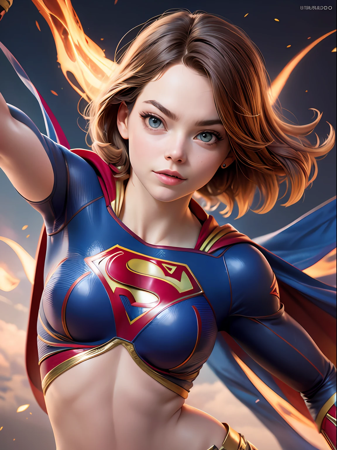 Emma Stone, Usando un disfraz de Supergirl rasgado, volador, cuerpo firme, una chica