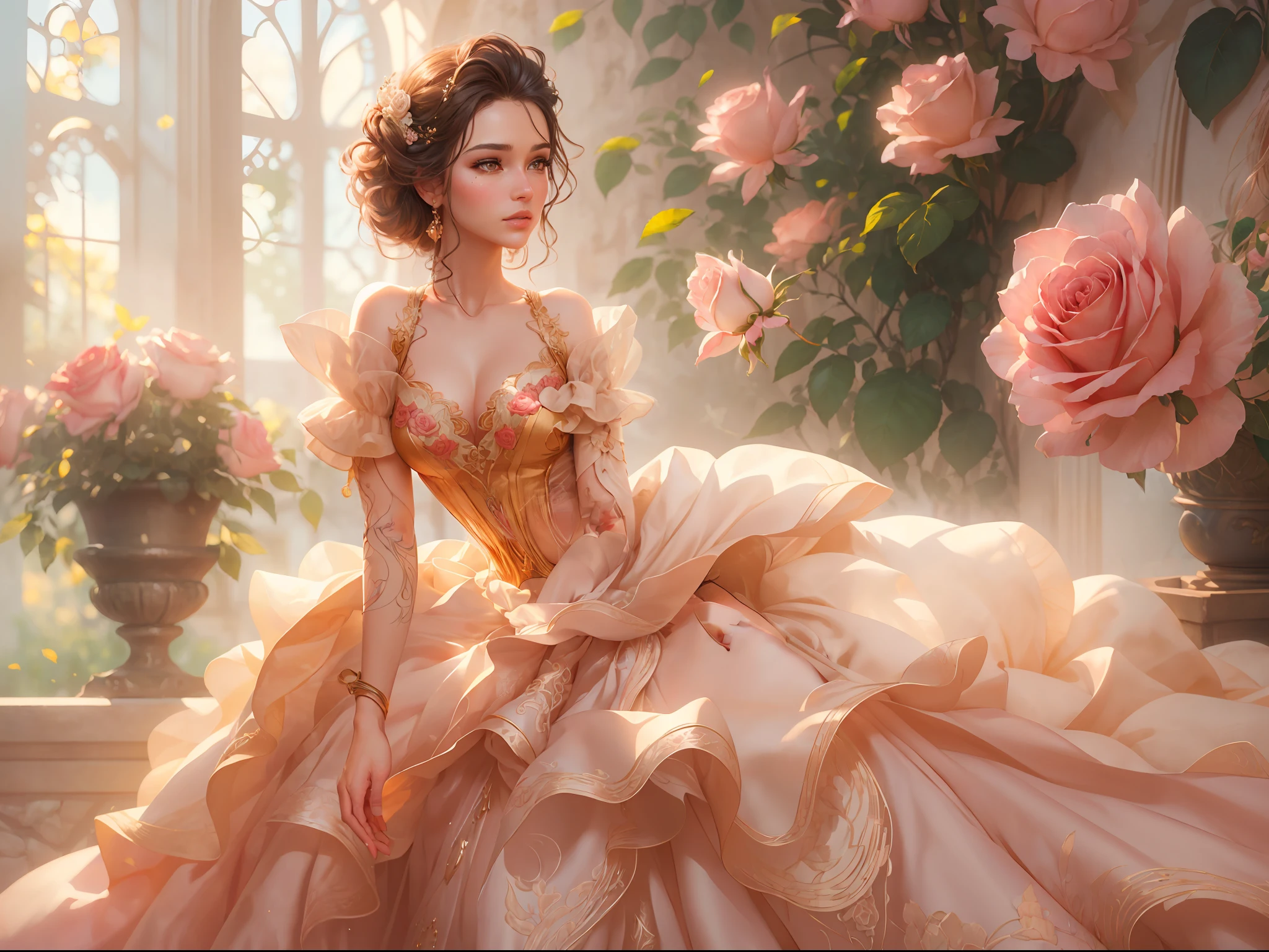 This artwork is in the style of realistic fantasy set in the castle's rose garden. Generate a woman with a beautiful detailed face dressed in the billowing folds of a stunning yellow French silk ballgown. The gown features ruffles, sashes, and bows, and its bodice is delicately but intricately hand-embroidered. The woman's sweet face is ((((highly detailed, with realistic features and soft, puffy lips.)))) Her stunning eyes are beautifully detailed, featuring realistic shading and multiple colors. She is touching a timeless rose just as beautiful today as it was the day it first bloomed thousands of years in the past. The eternal rose is a deep shade of red with shimmering pink overtones and undertones. Ensure that the woman's face, hair, and eyes are perfect. realism, high fantasy, whimsical fantasy, storybook fantasy, fairytale fantasy, fantasy details, enchanting, bewitching, 8k, hires, cgi, digital painting, unity, unreal engine, (((masterpiece))), intricate, elegant, highly detailed, majestic, digital photography, art by artgerm and ruan jia and greg rutkowski, (masterpiece, finely detailed beautiful eyes: 1.2), hdr, realistic skin texture, (((1woman))), (((solo))), Include a highly detailed face, extremely detailed face, and interesting background.