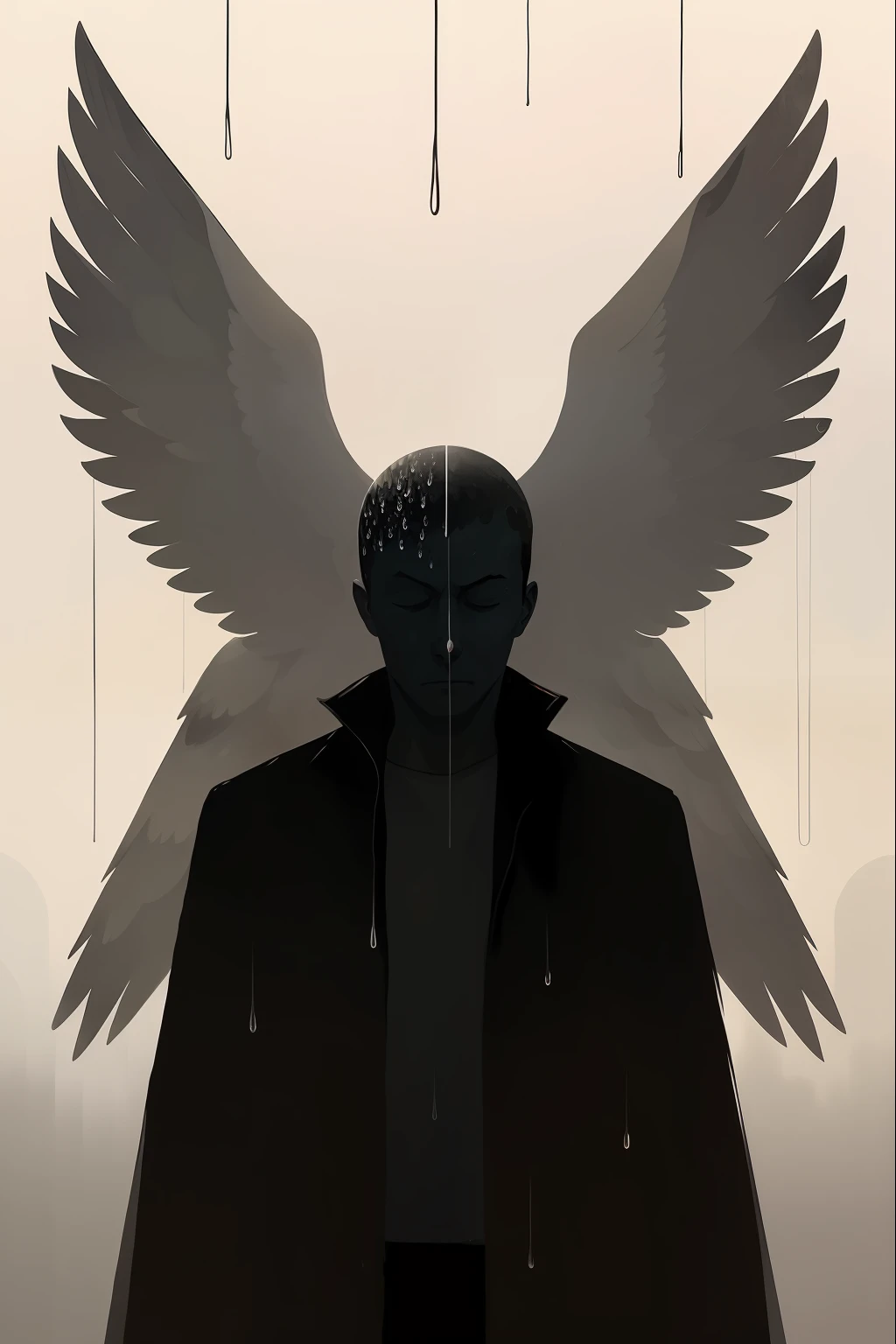man, closed eyes, head up, by atey ghailan, heavy rain, moody, rain drops, wet, angel wings shadow
(watercolor:0.5), (borderlands:0.4),