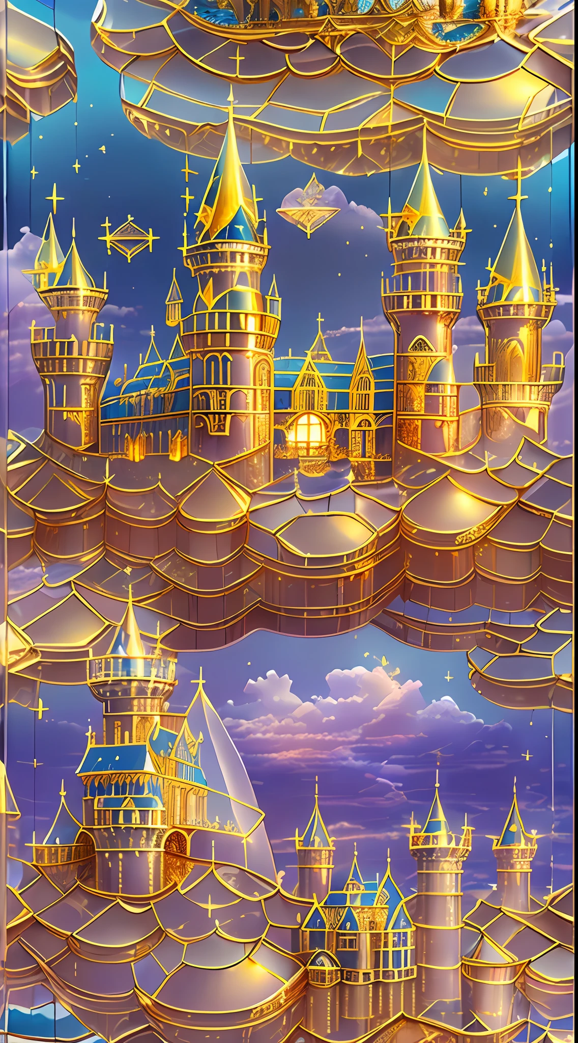 "(A stunning castle made of glass and gold Floating in the sky:1.4), majestic, cloud, (underneath we see a beautiful ocean with waves), (best quality:1.3), (highres:1), (incredible:1.3), (perfect:1.3), (perfection:1.3), (detailed:1.3) art of 3D Studio " floating