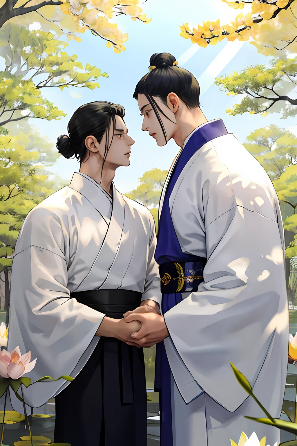 high-level image quality、２People Beautiful Men、Big Buddha hairstyle、Delicate eyes、thin muscular、high stature、Staring at each other and holding hands、Big Buddha hairstyle、Beautiful Ikeda and lotus flowers、Soft sunlight through the trees、𝓡𝓸𝓶𝓪𝓷𝓽𝓲𝓬