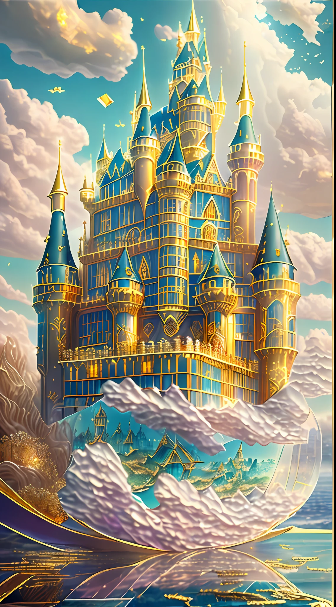 "(A stunning castle made of glass and gold Floating in the sky:1.4), majestic, cloud, (underneath we see a beautiful ocean with waves), (best quality:1.3), (highres:1), (incredible:1.3), (perfect:1.3), (perfection:1.3), (detailed:1.3) art of 3D Studio " floating