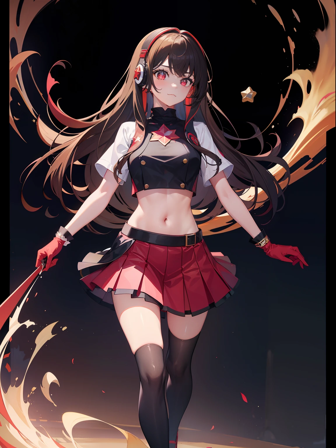 ((Masterpiece, highest quality)), (Best Picture:1.2), (Best Quality:1.3), anime, finely detail, full body, Standing, detailed face, full of details, highly detailed, depth, 1girl, girl in a skirt and headphones, :3, long hair, bangs, multicolored hair, two-tone hair, gradient hair, [[brown hair]], brown hair with pink tips, [[[[[[pink hair]]]]]], black crop top, red skirt, pleated skirt, gloves, stockings, red shoes, black choker, red eyes, star (symbol), star-shaped pupils