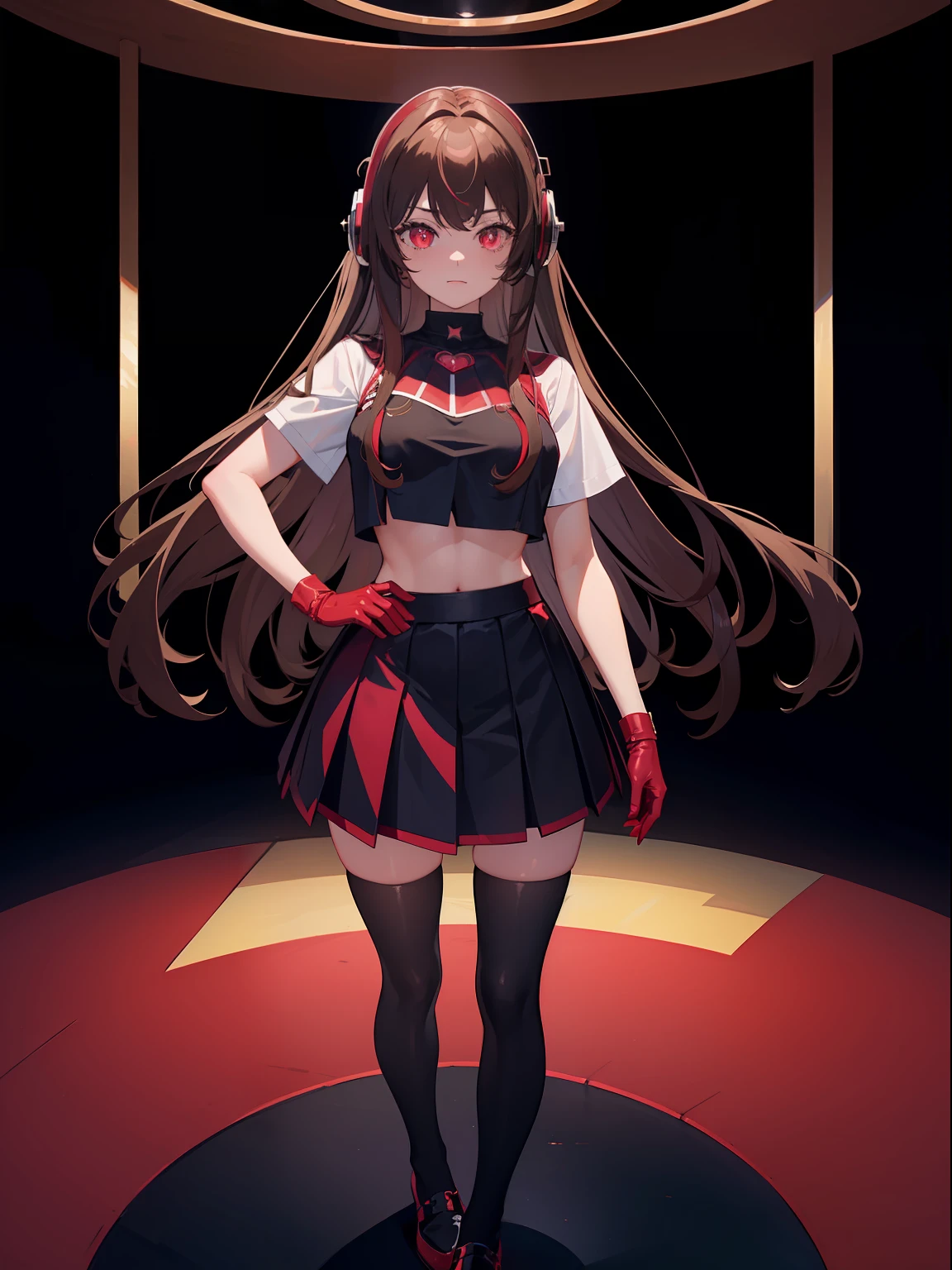 ((Masterpiece, highest quality)), (Best Picture:1.2), (Best Quality:1.3), anime, finely detail, full body, Standing, detailed face, full of details, highly detailed, depth, 1girl, girl in a skirt and headphones, :3, long hair, bangs, multicolored hair, two-tone hair, gradient hair, [[brown hair]], brown hair with pink tips, [[[[[[pink hair]]]]]], black crop top, red skirt, pleated skirt, gloves, stockings, red shoes, black choker, red eyes, star (symbol), star-shaped pupils
