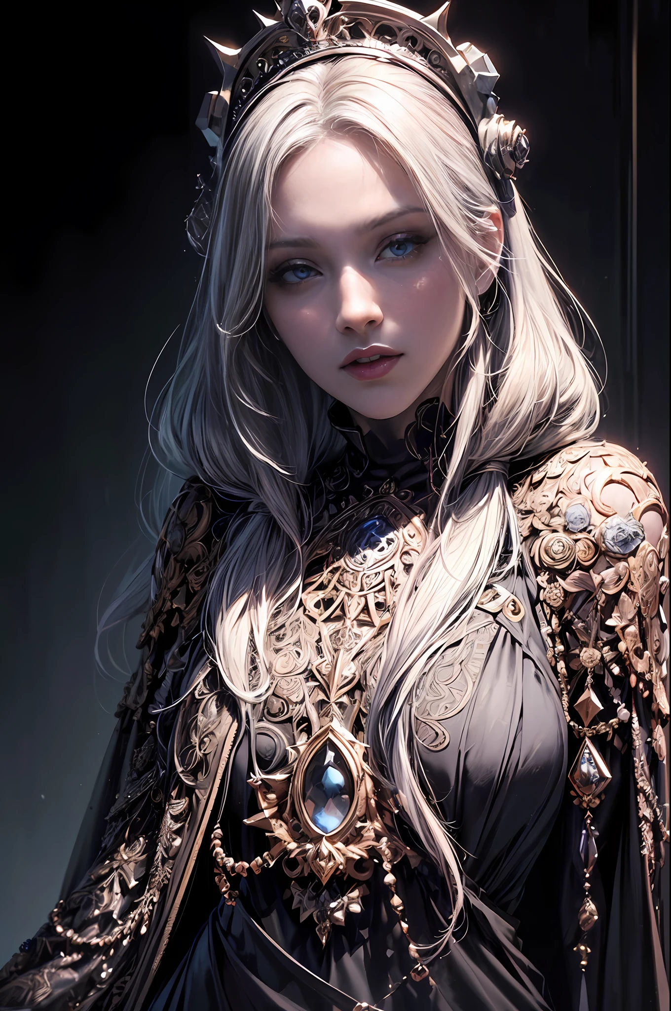 (masterpiece,best quality,realistic:1.37), (intricate and delicate, high detailed skin and face), beautiful queen in black dress suite, wraping in luxurious dark hooded robes, dark roses and skull adorn her cloth, (tiara,roses,skull ornamental,black,dark),blue eyes, dark background, cinematic soft lighting