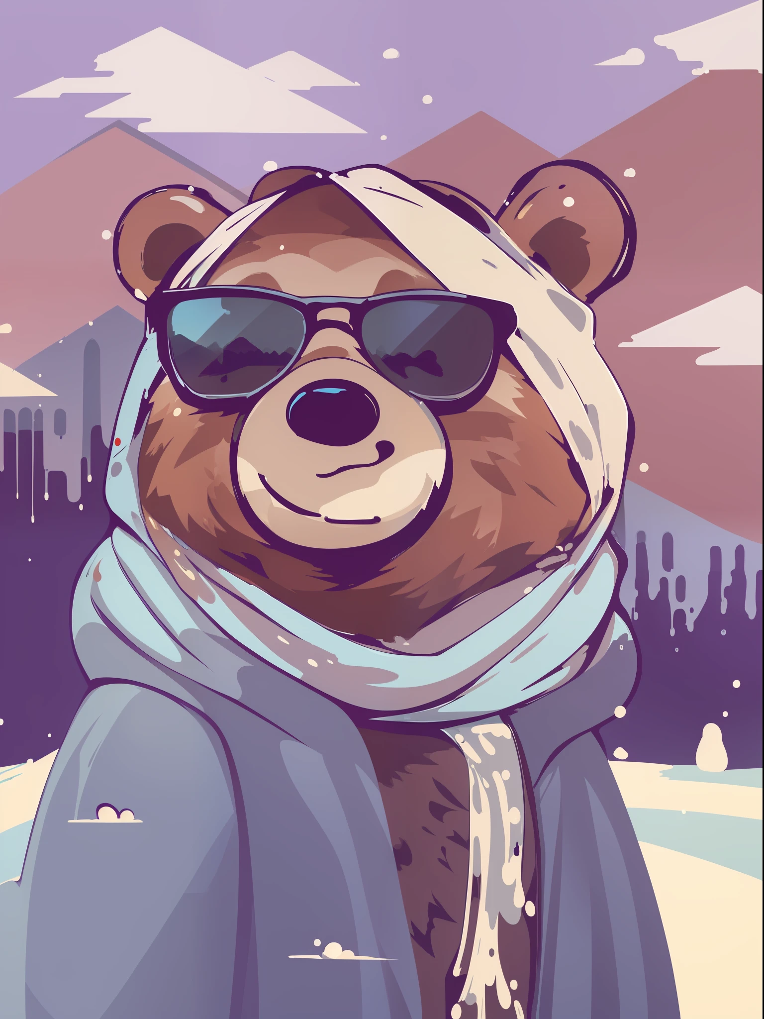 Brown bear, in a headscarf, wearing sunglasses, Smiling, (Snow-capped mountains), (((Masterpiece)), (((4k))), (((Leaking paint))), ((((Flat vector image))))