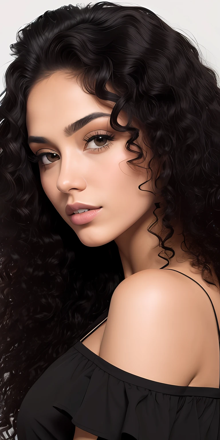 Chica de cabello colocho rizos y largo negro y ojos verdes