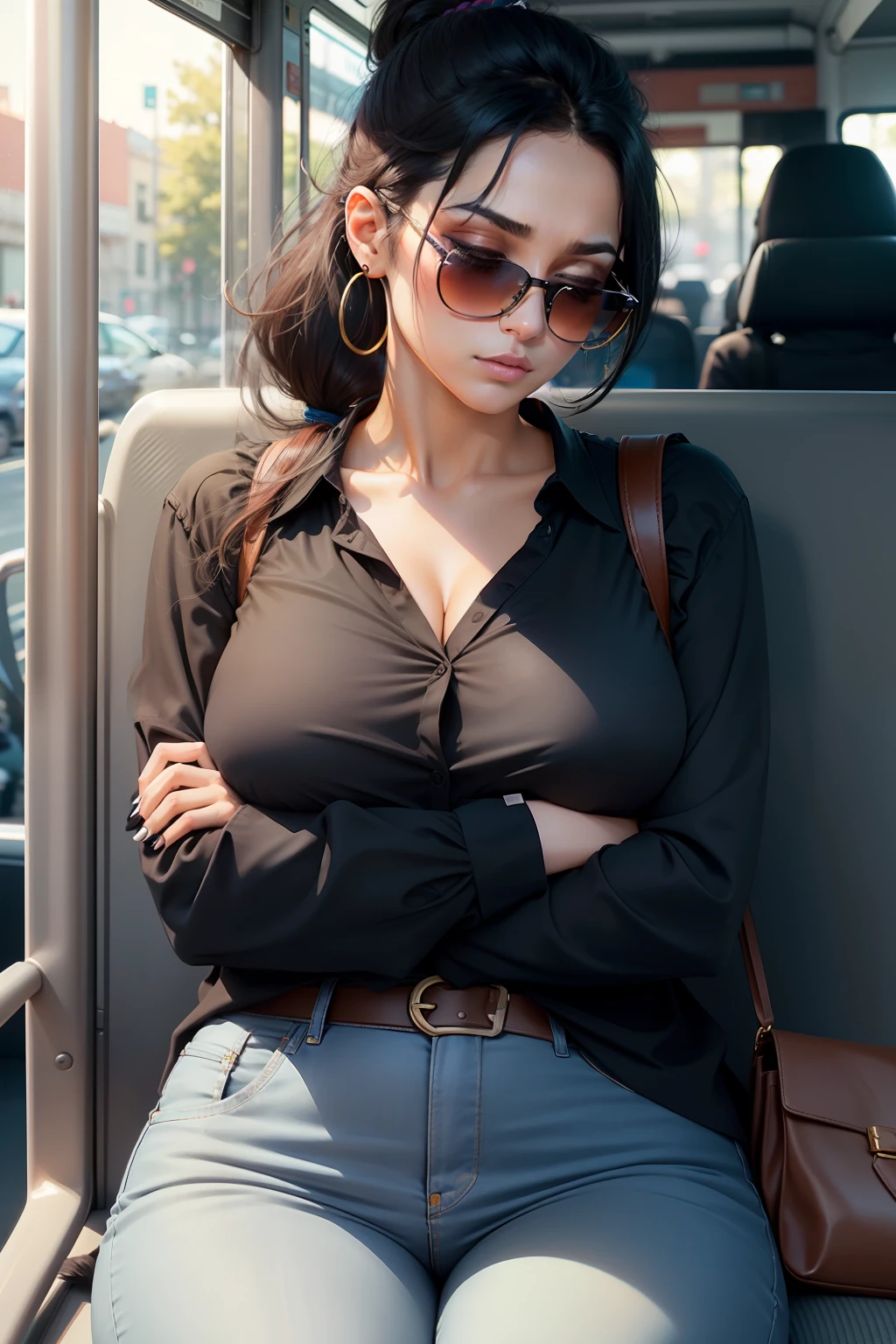 1 beautiful woman, large body, made up face, black hair, hair tied in 1 ponytail, ponytail, small earrings, black blouse, blue jeans, big nails, crossed arms, made up eyelids, brown purse, transparent sunglasses, sleeping lying on the bus, eyes closed, mouth open.