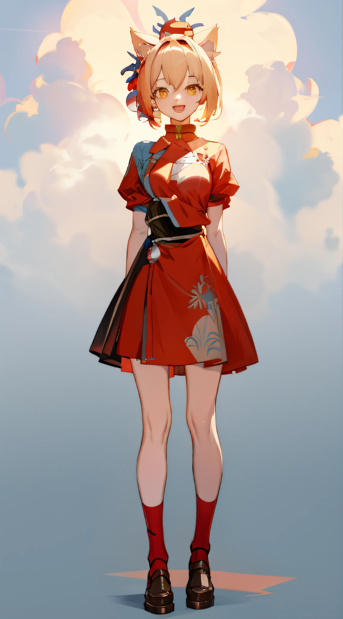 full body, upright, arms at sides, looking at viewer, pure-colored background, 1girl, open mouth, cat ears, smile, yoimiya