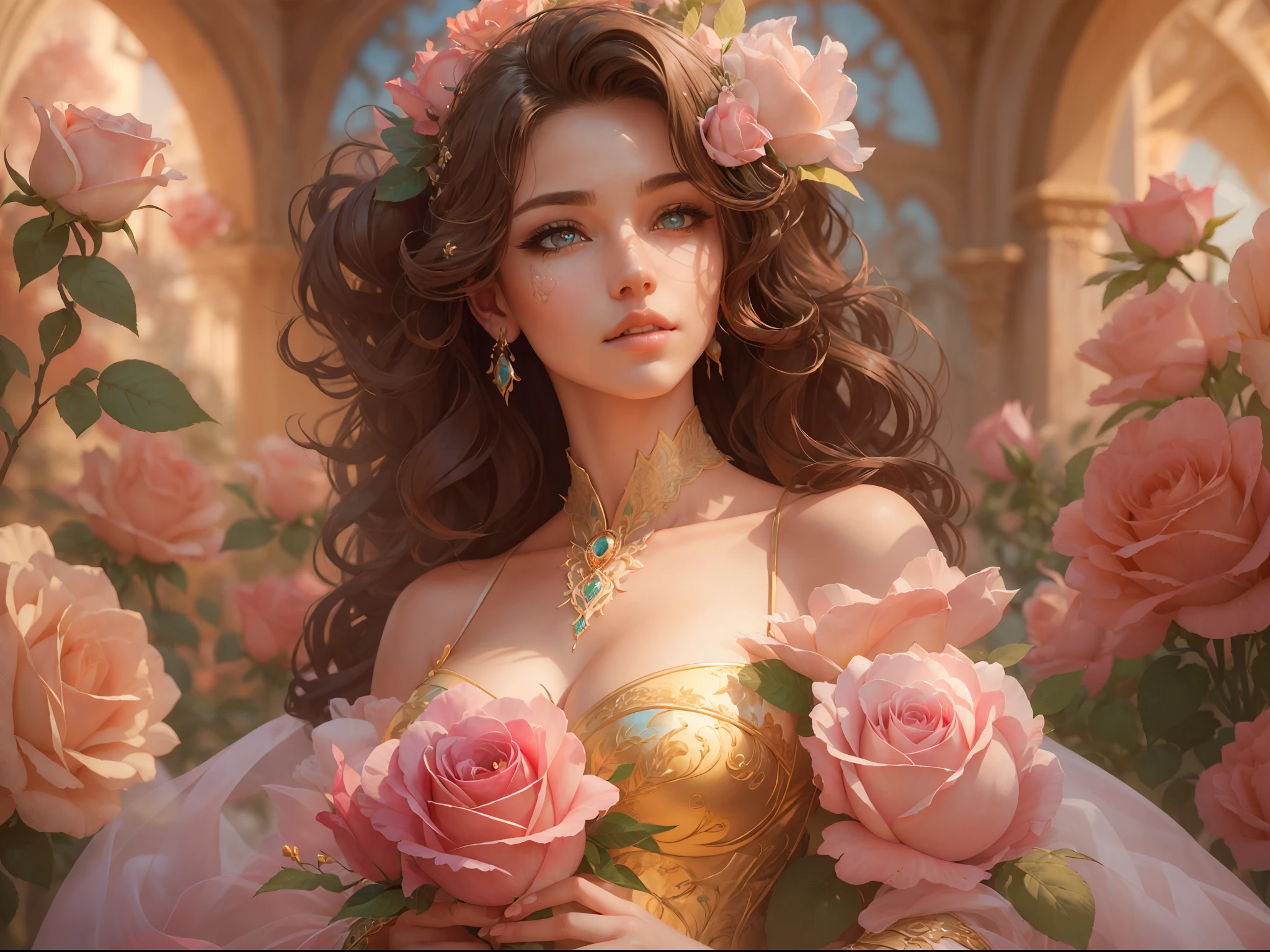 This artwork is in the style of realistic fantasy set in the castle's rose garden. Generate a woman with a beautiful detailed face dressed in the billowing folds of a stunning yellow French silk ballgown. The gown features ruffles, sashes, and bows, and its bodice is delicately but intricately hand-embroidered. The woman's sweet face is ((((highly detailed, with realistic features and soft, puffy lips.)))) Her stunning eyes are beautifully detailed, featuring realistic shading and multiple colors. She is touching a timeless rose just as beautiful today as it was the day it first bloomed thousands of years in the past. The eternal rose is a deep shade of red with shimmering pink overtones and undertones. Ensure that the woman's face, hair, and eyes are perfect. realism, high fantasy, whimsical fantasy, storybook fantasy, fairytale fantasy, fantasy details, enchanting, bewitching, 8k, hires, cgi, digital painting, unity, unreal engine, (((masterpiece))), intricate, elegant, highly detailed, majestic, digital photography, art by artgerm and ruan jia and greg rutkowski, (masterpiece, finely detailed beautiful eyes: 1.2), hdr, realistic skin texture, (((1woman))), (((solo))), Include a highly detailed face, extremely detailed face, and interesting background.