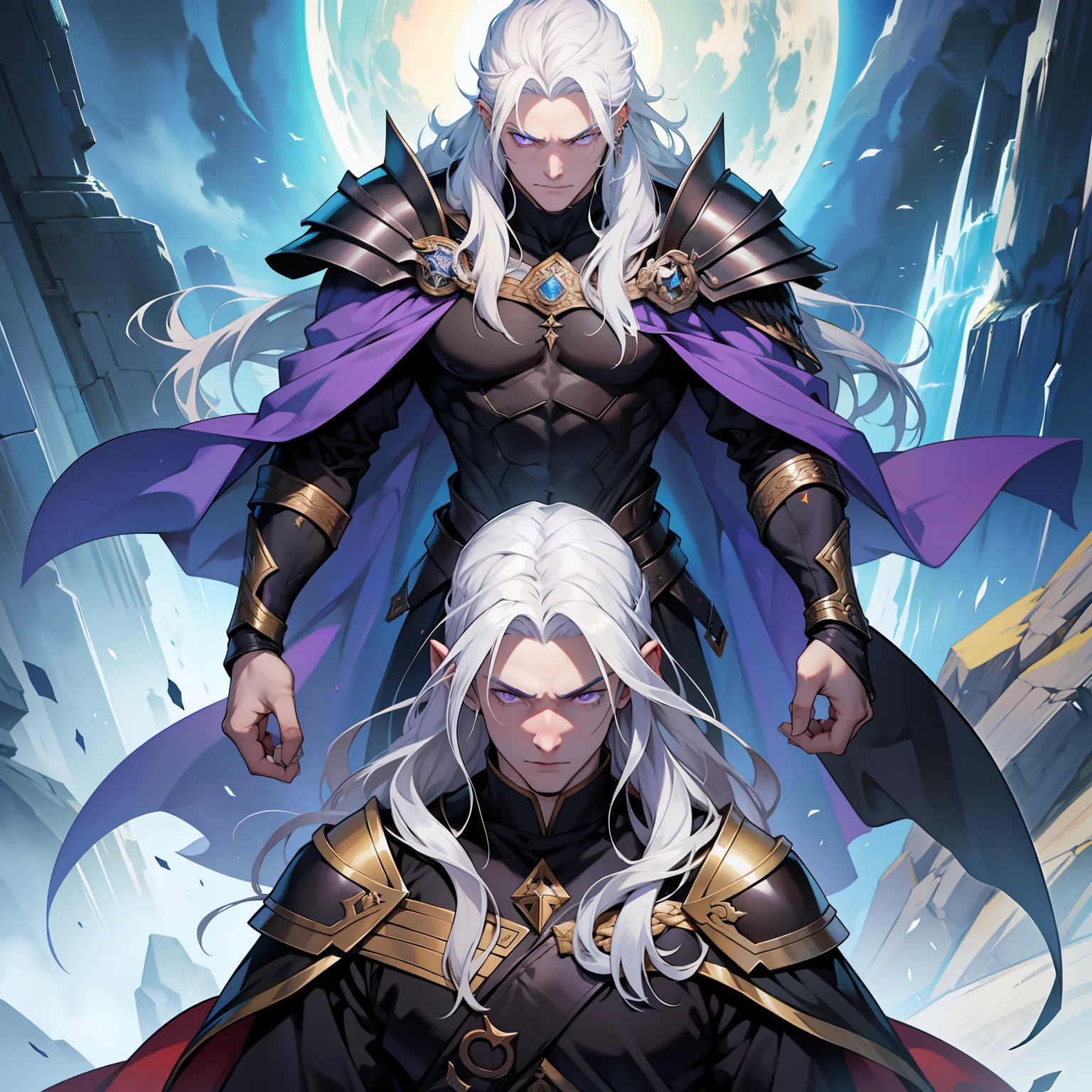 Melkor is much taller than the average human. He is around the same height as myself - and we are both fairly tall. He has shoulder length white hair, just like mine, and piercing purple eyes with sharp silver pupils. He is strong and looks every bit the warrior prince he is. His demeanor is proud and regal, he carries himself with a sense of superiority that cannot be rivaled.