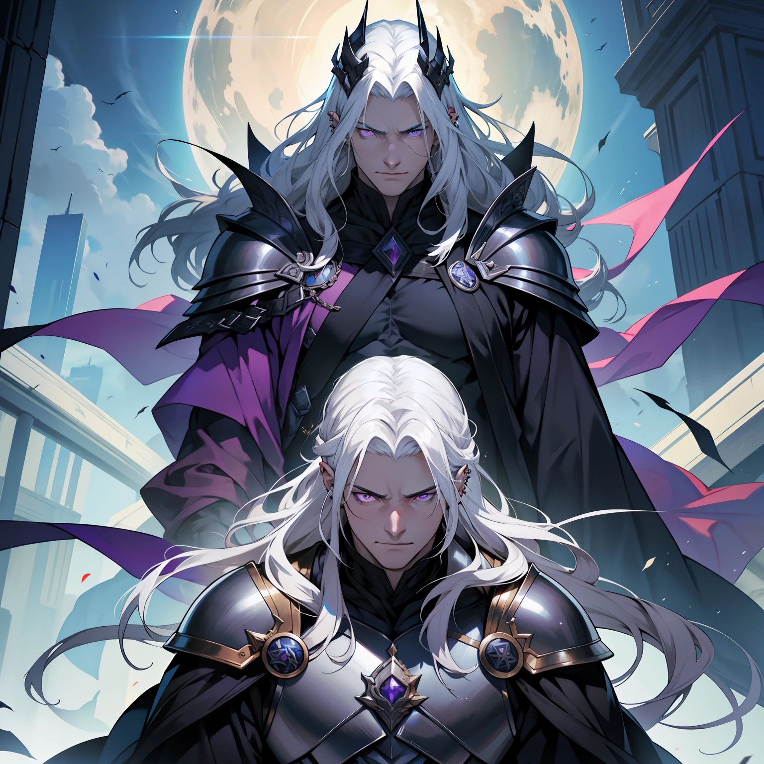 Melkor is much taller than the average human. He is around the same height as myself - and we are both fairly tall. He has shoulder length white hair, just like mine, and piercing purple eyes with sharp silver pupils. He is strong and looks every bit the warrior prince he is. His demeanor is proud and regal, he carries himself with a sense of superiority that cannot be rivaled.
