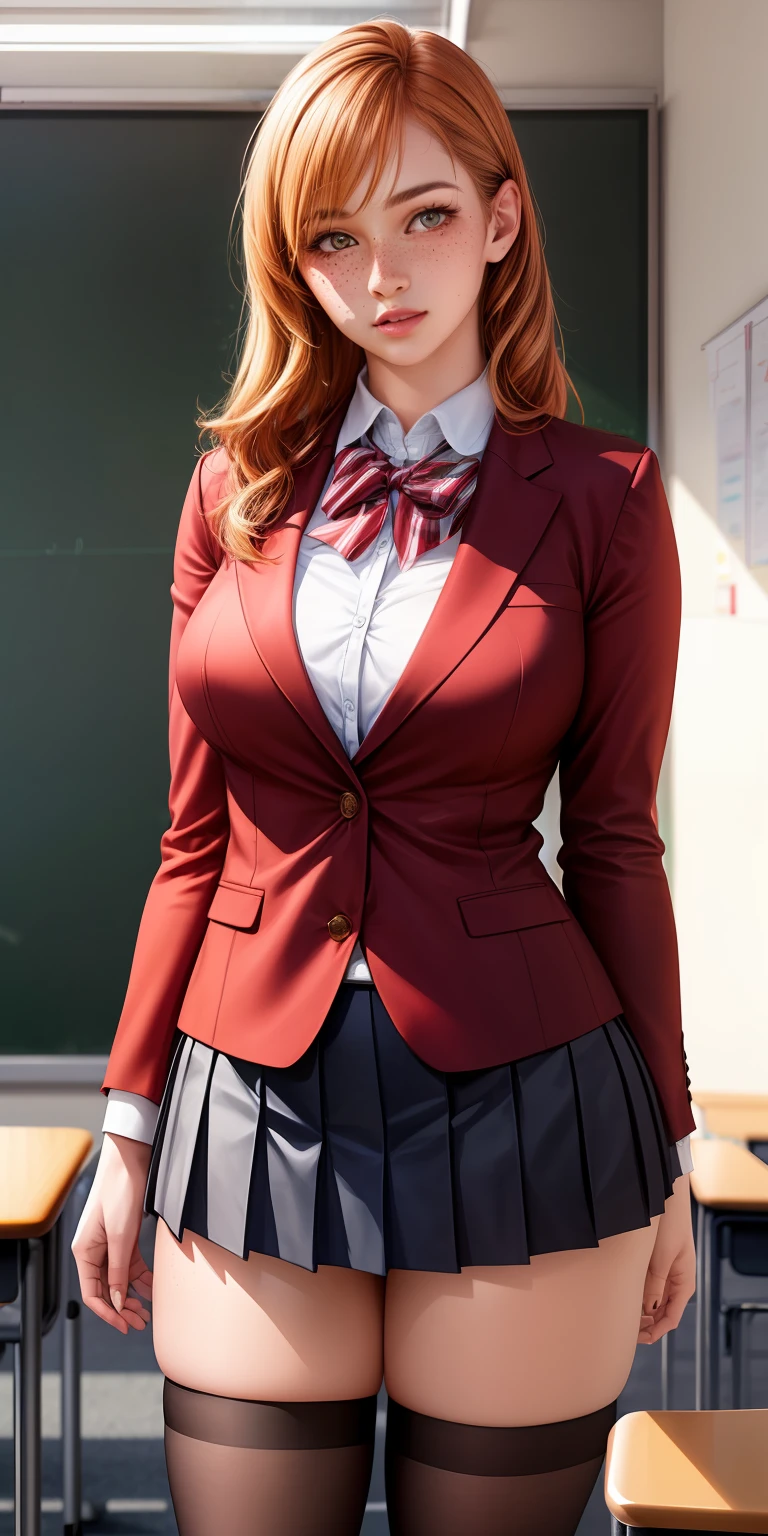 best quality, ultra high res, classroom, (photorealistic:1.4), 1girl, succulent, skin texture, freckles, reddish blonde hair, blazer, pleated skirt, hazel eyes, thigh highs