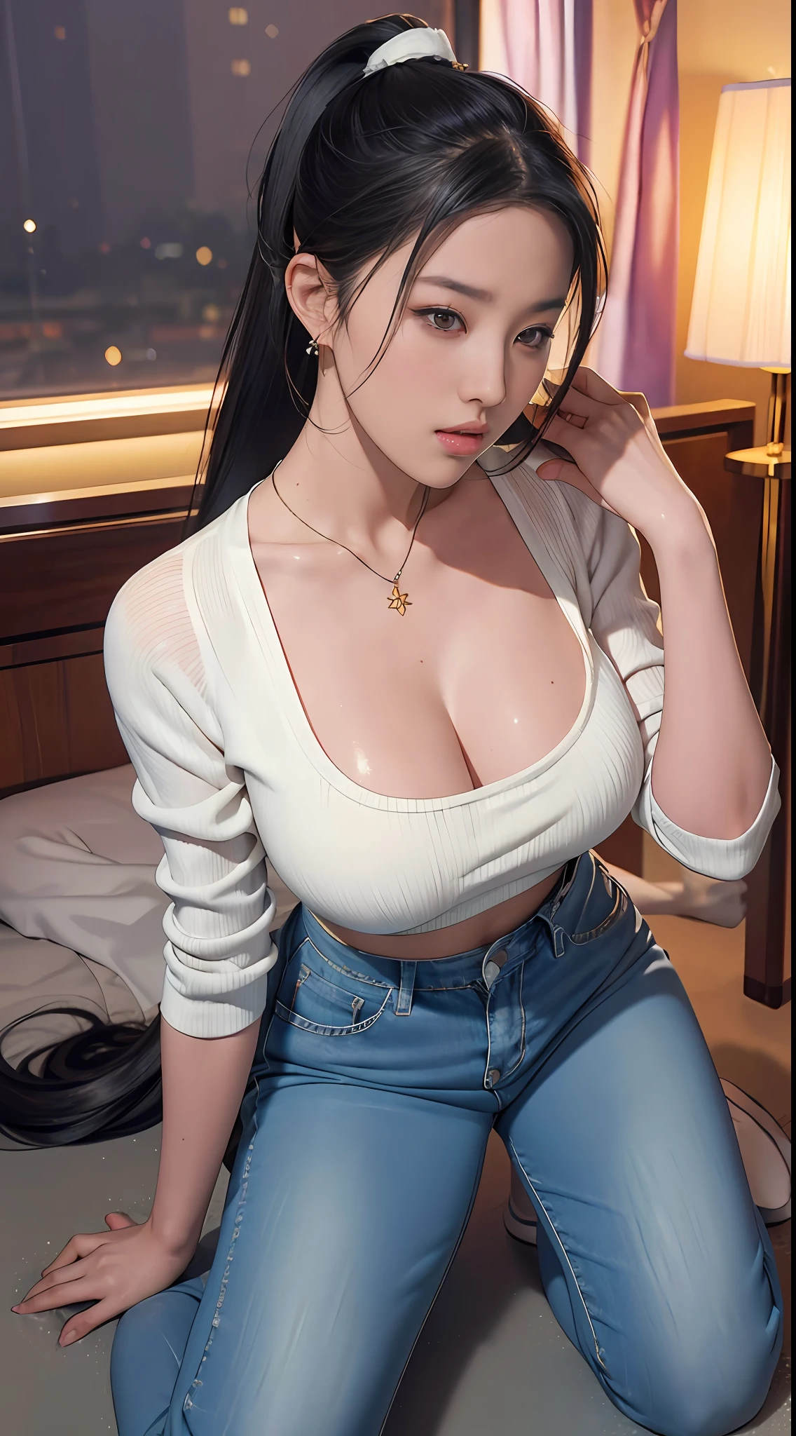 20 years old girl, at pool in background,looking at viewer,depth of field, bokeh,light falling,((MILF)) 1girl wearing an short jeans, huge very big breasts, brown eyes,(long hair, black hair, ponytail hair, hime cut:1.4), earrings necklace,pout, photography, masterpiece, best quality,HDR, highres,realistic details, glowing skin, mature figure, sexy body, heavy breasts, perfect body, narrow thigs, colorful, looking at viewer, Hyperrealistic, 60 degree view angel, watercolor, traditional media, (chromatic aberration, intricate details), 40K, HDR, highres, realistic shadows, kneeling up pose, hands up