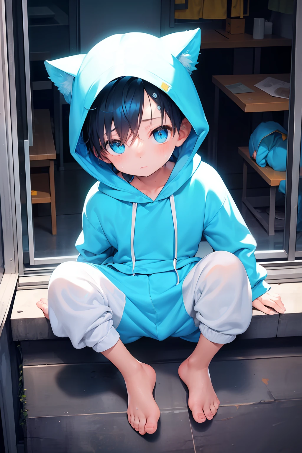 1 Little boy with blue hair and shiny bright cyan eyes and barefoot and small feet wearing a yellow oversized hoodie and sweatpants sitting on a window ledge, blushing, young, boy, child, small, toddler, tiny feet, (sweatpants:1.4), (young:1.4), (child:1.4), (shota:1.4), (hoodie:1.4),