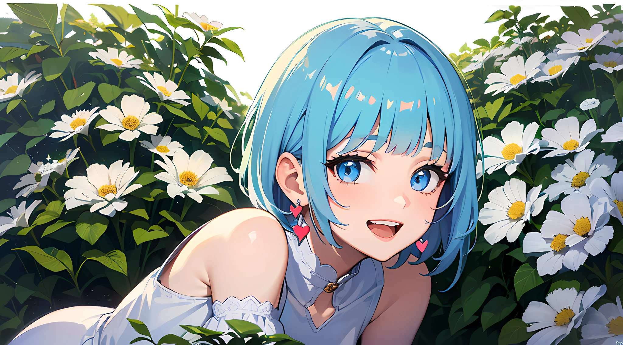 (Masterpiece:1.3), (Best quality:1.3), high resolution,
Kuboy shoots,
Leaning forward, body facing the front, lookig at viewer,
(A cute girl:1.3), Solo,
White skin, Small breast, eight-headed person,
Light blue hair, (short detailed hair:1.2), (Short hair:1.1), (Blunt bangs:1.2), Beautiful hair, Blue eyes, Beautiful detailed eyes,
Open mouth, Heart, cheerful grin,
Short dress, White and blue clothes, Miniskirt, Earrings,
Flower garden, (White background:1.2),
shaded lighting,