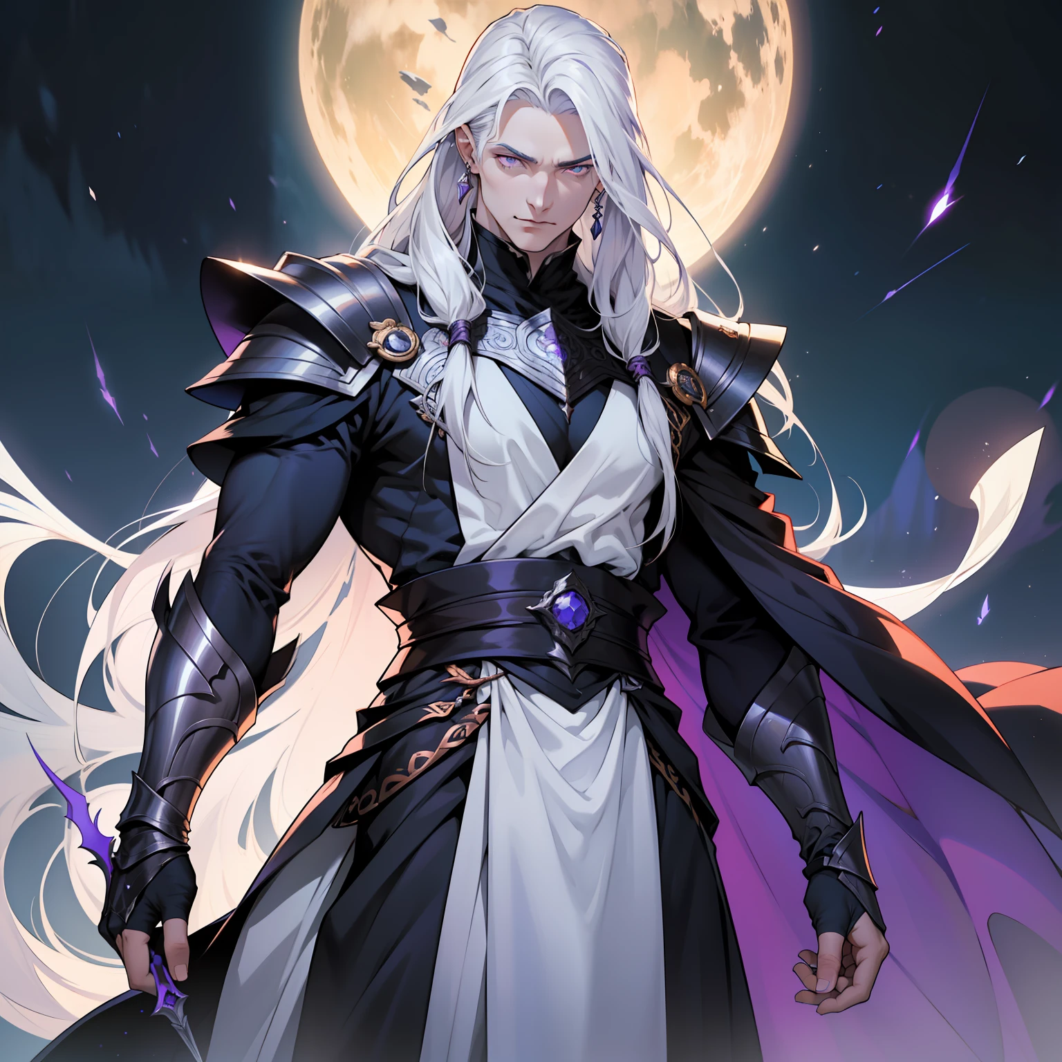 Melkor is much taller than the average human. He is around the same height as myself - and we are both fairly tall. He has shoulder length white hair, just like mine, and piercing purple eyes with sharp silver pupils. He is strong and looks every bit the warrior prince he is. His demeanor is proud and regal, he carries himself with a sense of superiority that cannot be rivaled.