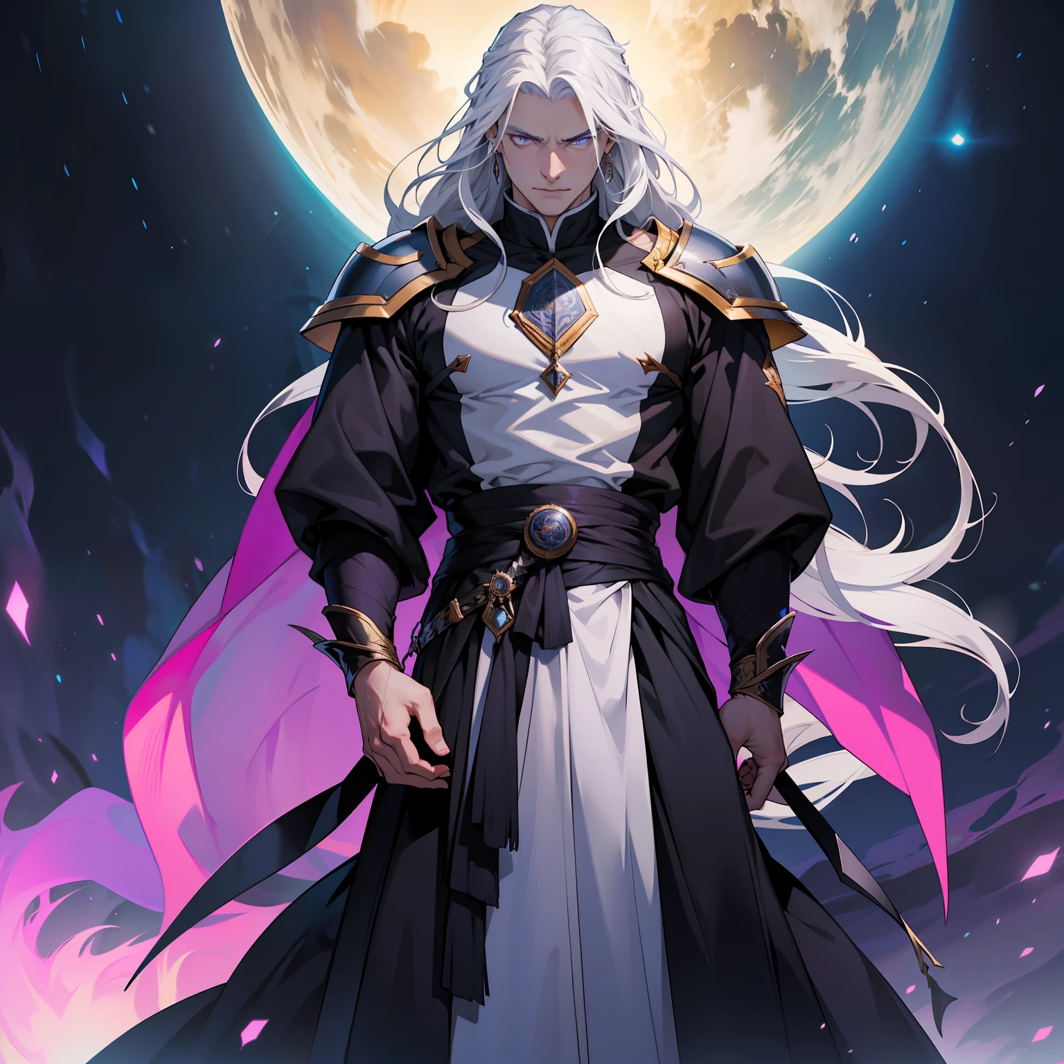 Melkor is much taller than the average human. He is around the same height as myself - and we are both fairly tall. He has shoulder length white hair, just like mine, and piercing purple eyes with sharp silver pupils. He is strong and looks every bit the warrior prince he is. His demeanor is proud and regal, he carries himself with a sense of superiority that cannot be rivaled.