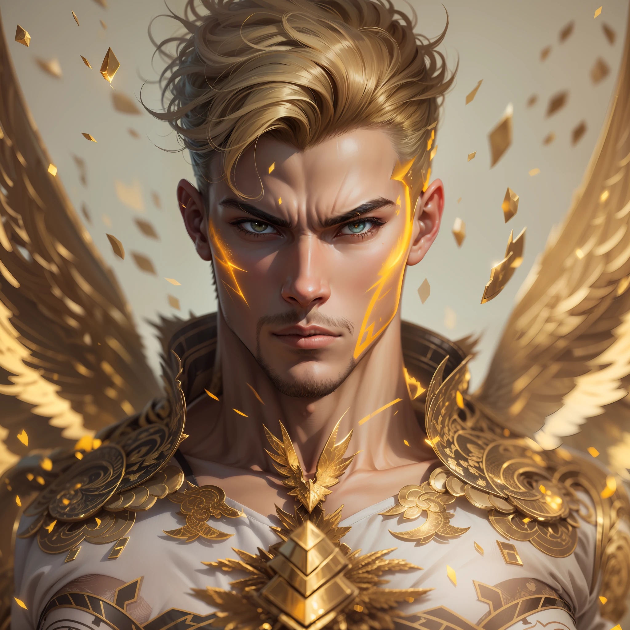 (absurdres, highres, ultra detailed), 1 man handsome, fit guy, broad shoulders, short golden hair, gold eyes, finely detailed eyes and detailed face, yellow light effects, (gold aura of power, entangle, zentangle, tangle), (modern clothing, white shirt, black pants:1.3), gold tattoos, eye reflection, extremely detailed CG unity 8k wallpaper, intricate details, portrait, looking at viewer, solo, detailed urban background, (white and gold wings on his back), angry determined expression, fighting stance, gold and amber detailing, cinematic lighting, drop shadow, diffraction spikes, particle effects, floating gold feathers) anatomically correct, super detail, best quality, textured skin, 16k, 1080P (clouds:1.3)