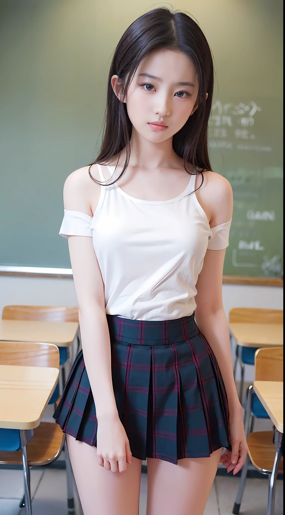 ((Medium Hair))), Best Quality, 8K, HDR, Hi-Res, Absurdity: 1.2, Background Blur, Bokeh: 1.2, Photo, (RAW Photo: 1.2), (Photorealistic: 1.4), (Masterpiece: 1.3), (Complex Details: 1.2), 1 Girl, Solo, Japan Girl, Delicate, Beautiful, Detailed, (Detailed Eyes), (Detailed Facial Features), Petite, ( Medium breasts))), skin tight, (see the beholder), from the front, (skinny), (highest quality: 1.4), (ultra high resolution: 1.2), cinemalite, (highly detailed illustration), (lip gloss, highest quality, ultra high resolution, depth of field, caustics, broadlighting, natural shading, 85mm, f/1.4, ISO 200, 1/160s: 0.75), one girl, solo, smile, ((uniform shirt with shoulders visible, checkered pleated skirt, classroom)), ((no underwear)))),((shirt front open)),((holding skirt hem)),skirt up))