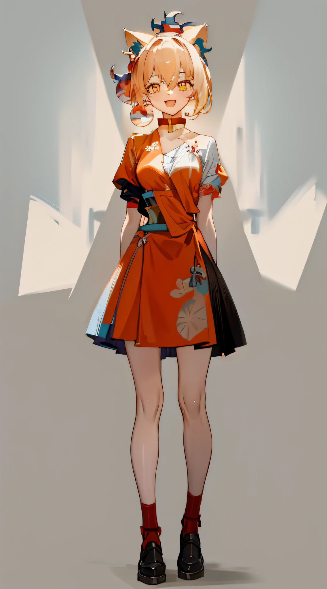full body, upright, arms at sides, looking at viewer, pure-colored background, 1girl, open mouth, cat ears, smile, yoimiya