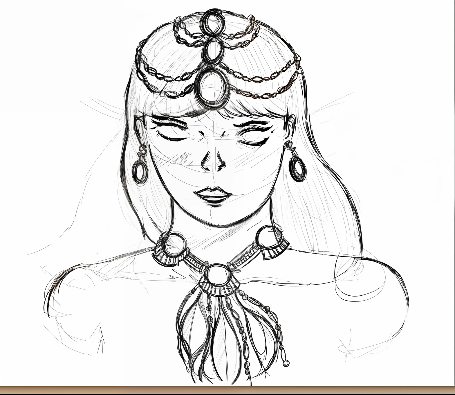 Desenho realista. golden accessories, cabelo marrom, pele branca