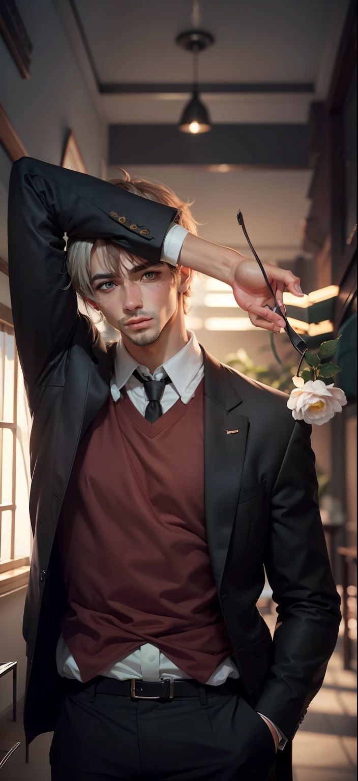 Uma homem de Cabelo prateado, de costas para uma parece, heterocromia ocular, bonito, terno preto, camisa social vinho, segurando uma rosa