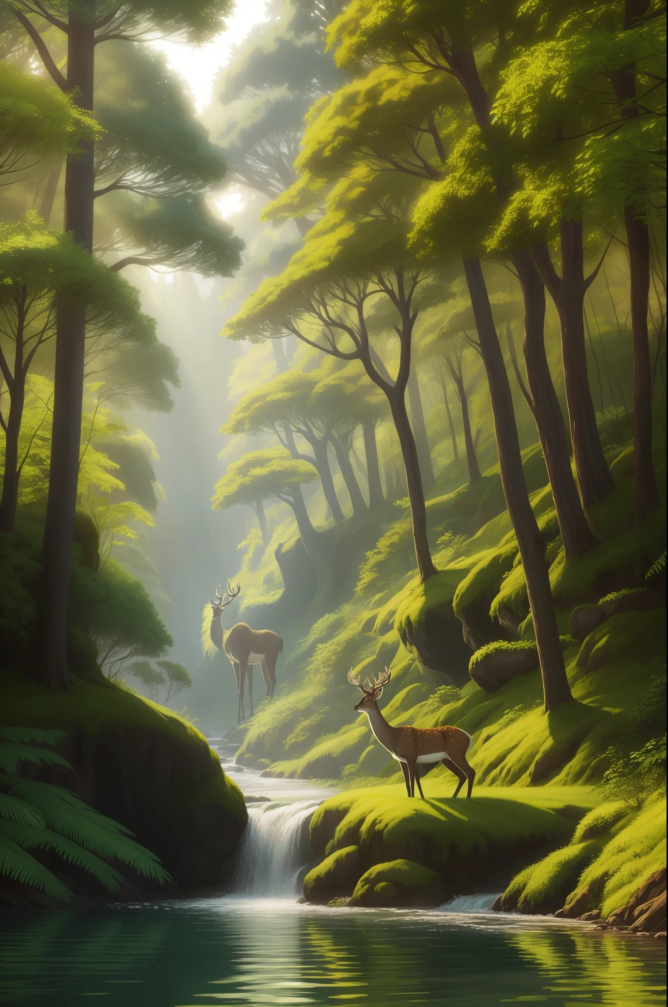 Floresta,folhas realista,Deer on the scene,ponte de madeira,raios de luz,uma floresta verde,super realista, highest possible quality, Tall trees,folhas,verdes, fervo em uma ponte