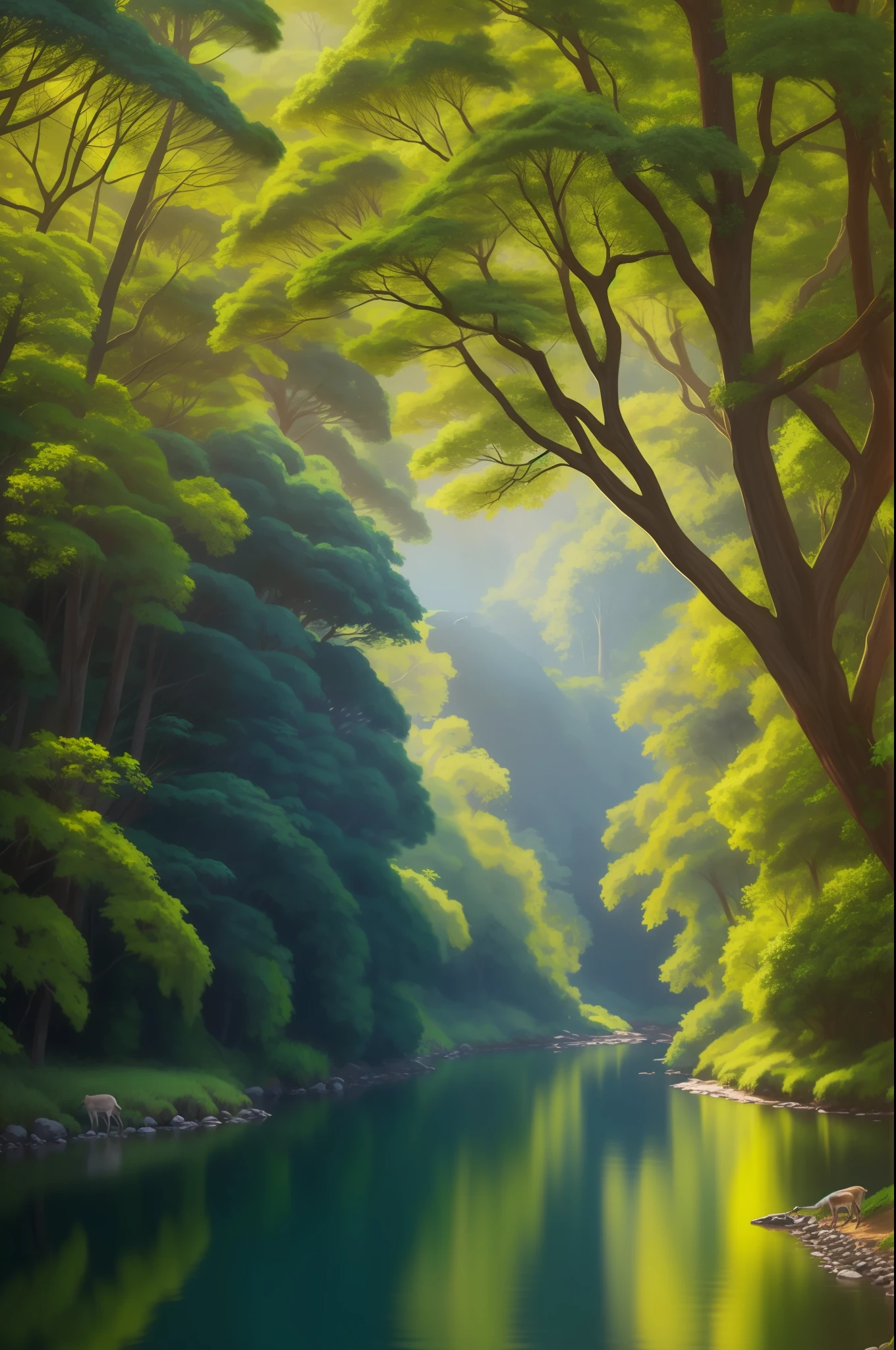 Floresta,folhas realista,Deer on the scene,ponte de madeira,raios de luz,uma floresta verde,super realista, highest possible quality, Tall trees,folhas,verdes, fervo em uma ponte