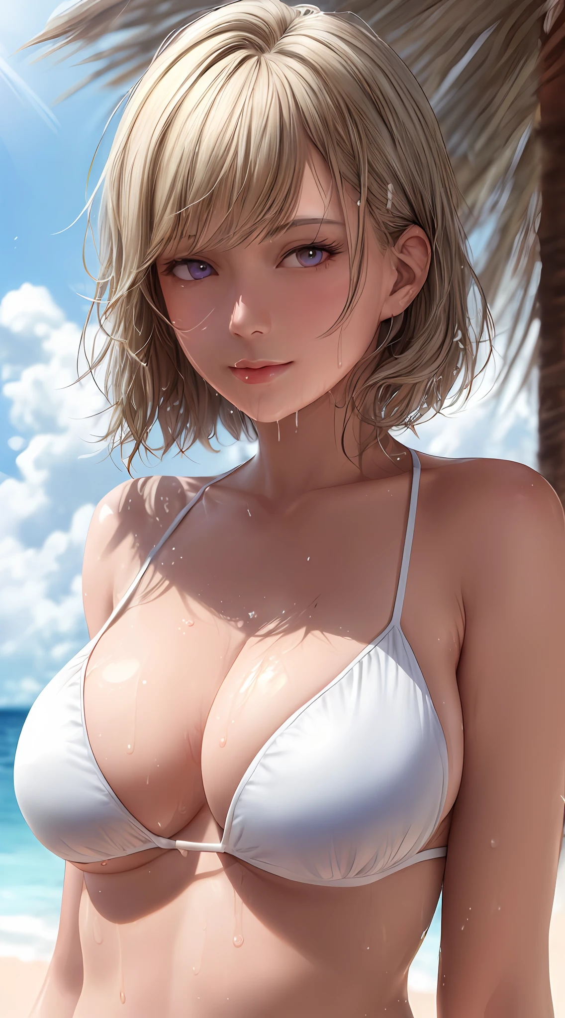 ((((masterpiece, best quality, high resolution)))), Extremely detailed 8K, Beautiful girl body, (Ultra HD, Ultra-detailed, Highly detailed, Highly realistic, Ultra-realistic, photograph realistic), (1girl:1.5), (Realistic white hair), short wavy hair, bob cut, (dynamic poses), facing at camera, light smile, purple eyes, average breasts, cleavage, blush, (beautiful detailed face, beautiful detailed eyes), (white bikini, wet bikini), glow, (beach, sunbeam, sunlight)