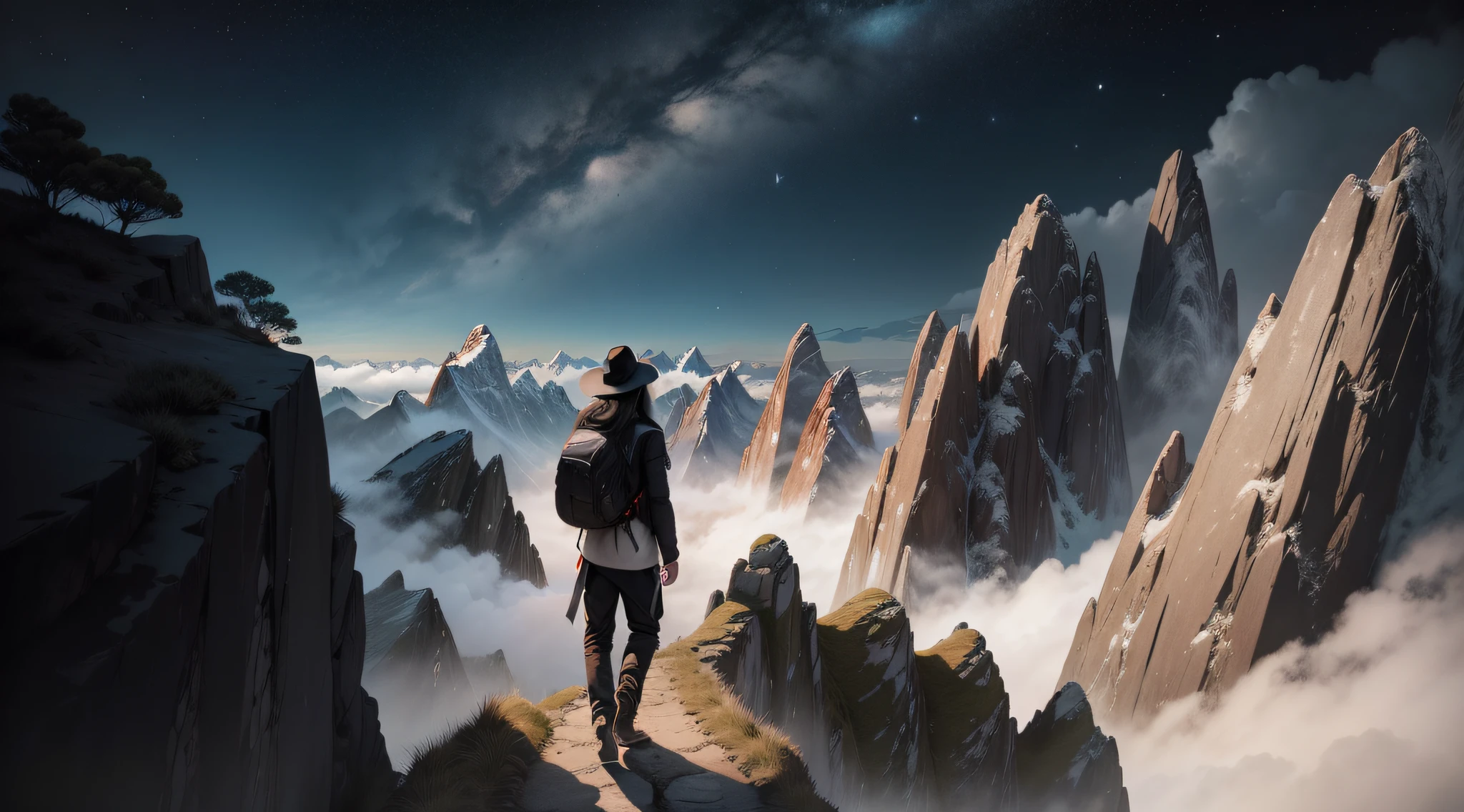 One male wanderer, long black hair, black hat, black clothes, have pants, show his back and entire body from feet to head, keep a little distance to see the landscapes, have a backpack, he is looking to horizon, in mountains of Peru along the inca trail, must have stars in the sky, almost nighttime, realistic, high res, best quality
