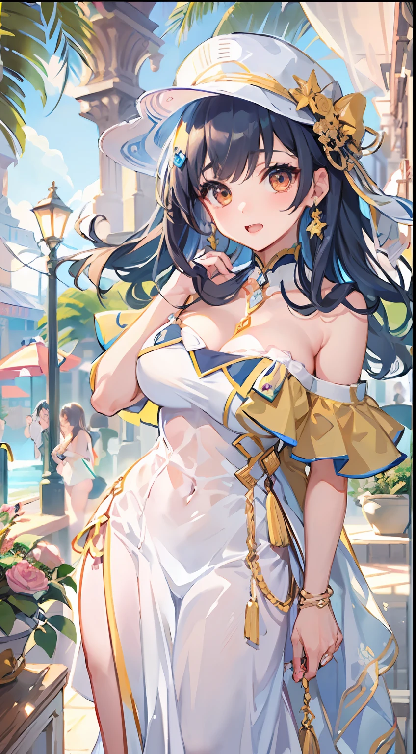 ((Best Quality)), (Ultra-detailed), ((Extremely detailed)), (Beautiful), ((Kawaii Girl)),(Bangs parted in the middle),High Gradient Bob、navy hair、,Orange Eyes,Large breasts、Off shoulder dress、sandal、Full body standing,1 woman,At the resort、looking in camera,