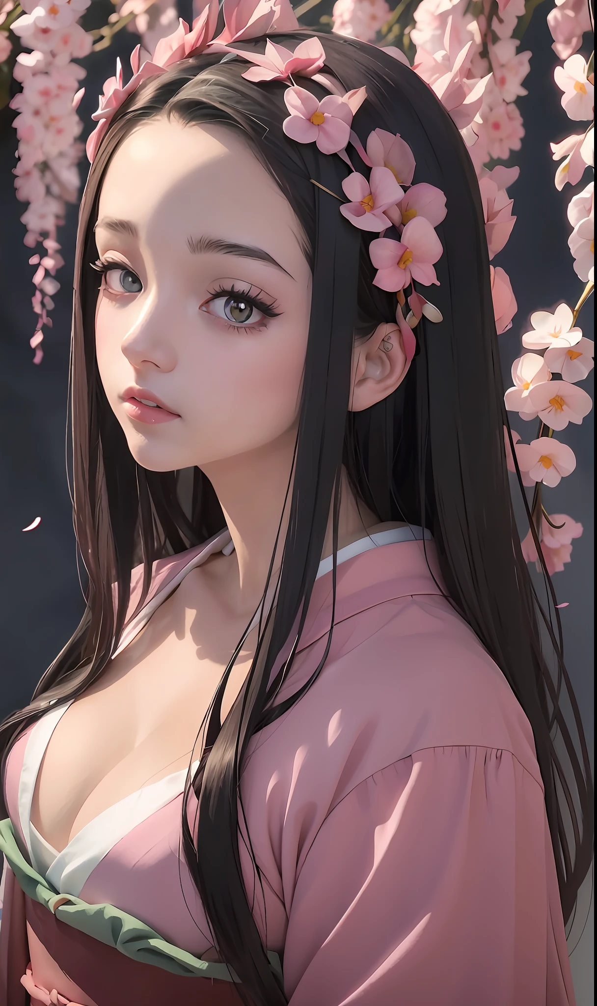 Menina anime com cabelo preto longo e vestido rosa com flores em seu cabelo, retrato bonito do anime, menina anime bonita, mulher bonita do anime, retrato impressionante do rosto do anime, retrato detalhado da menina do anime, menina anime retrato, arte de anime digital detalhada, Arte no estilo de Guweiz, Digital anime illustration, arte de anime limpa e detalhada, menina anime bonita, retratos bonitos da menina do anime