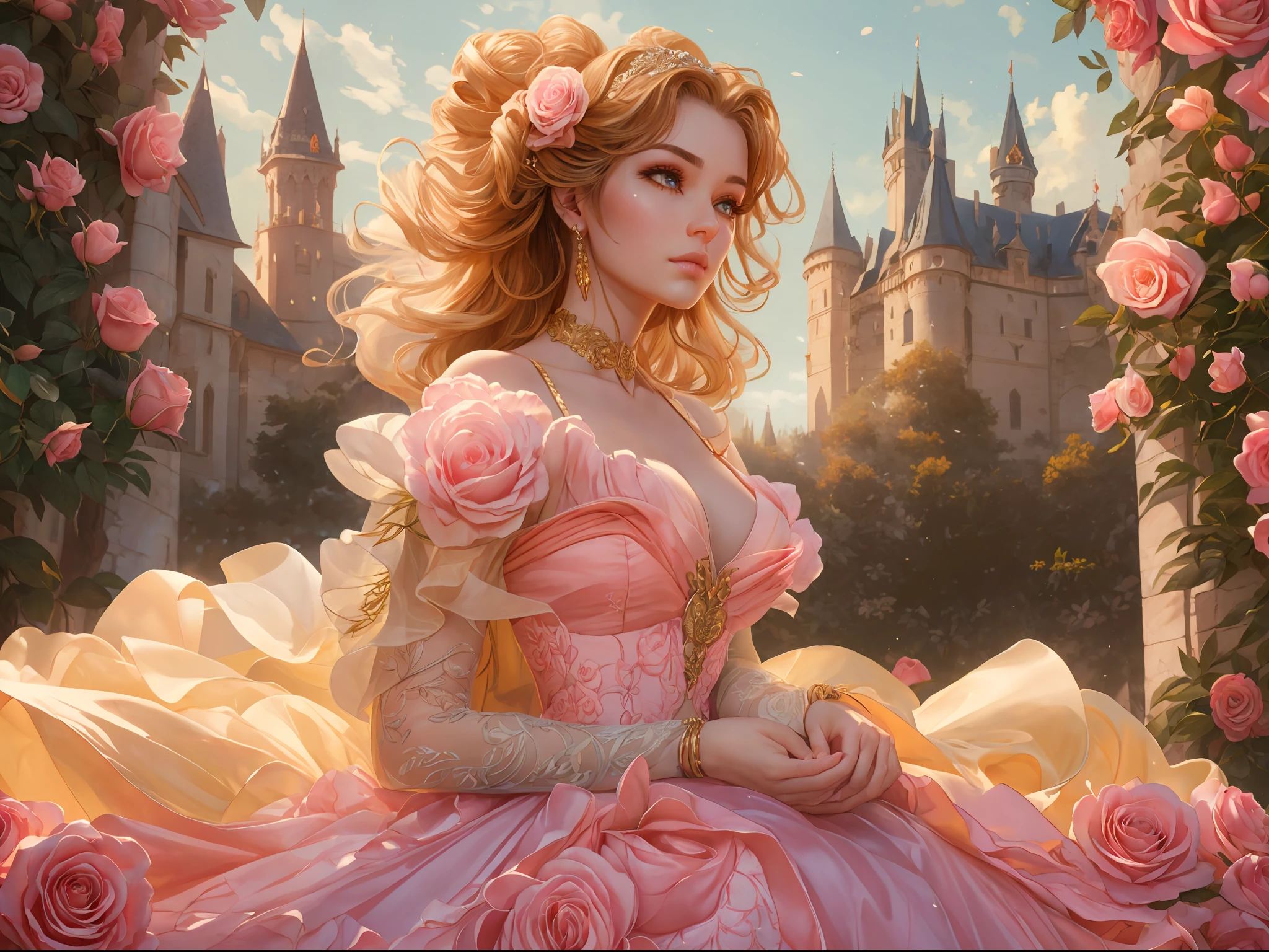 This artwork is in the style of realistic fantasy set in the castle's rose garden. Generate a woman with a beautiful detailed face dressed in the billowing folds of a stunning yellow French silk ballgown. The gown features ruffles, sashes, and bows, and its bodice is delicately but intricately hand-embroidered. The woman's sweet face is ((((highly detailed, with realistic features and soft, puffy lips.)))) Her stunning eyes are beautifully detailed, featuring realistic shading and multiple colors. She is touching a timeless rose just as beautiful today as it was the day it first bloomed thousands of years in the past. The eternal rose is a deep shade of red with shimmering pink overtones and undertones. Ensure that the woman's face, hair, and eyes are perfect. realism, high fantasy, whimsical fantasy, storybook fantasy, fairytale fantasy, fantasy details, enchanting, bewitching, 8k, hires, cgi, digital painting, unity, unreal engine, (((masterpiece))), intricate, elegant, highly detailed, majestic, digital photography, art by artgerm and ruan jia and greg rutkowski, (masterpiece, finely detailed beautiful eyes: 1.2), hdr, realistic skin texture, (((1woman))), (((solo))), Include a highly detailed face, extremely detailed face, and interesting background.