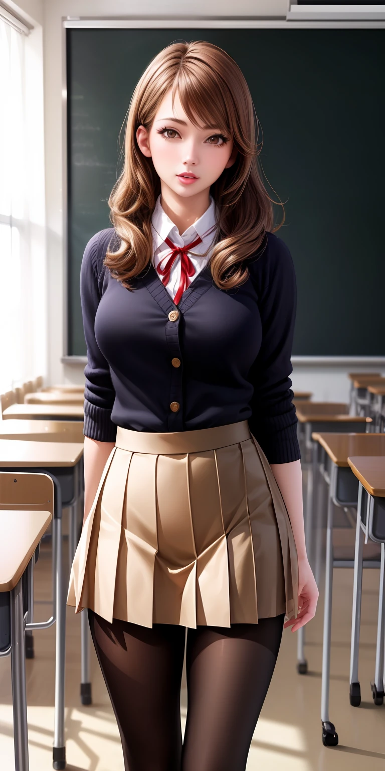 best quality, ultra high res, classroom, (photorealistic:1.4), 1girl, brown eyes, brown hair, gyaru, red ribbon, sweater button up, pleated skirt, pantyhose