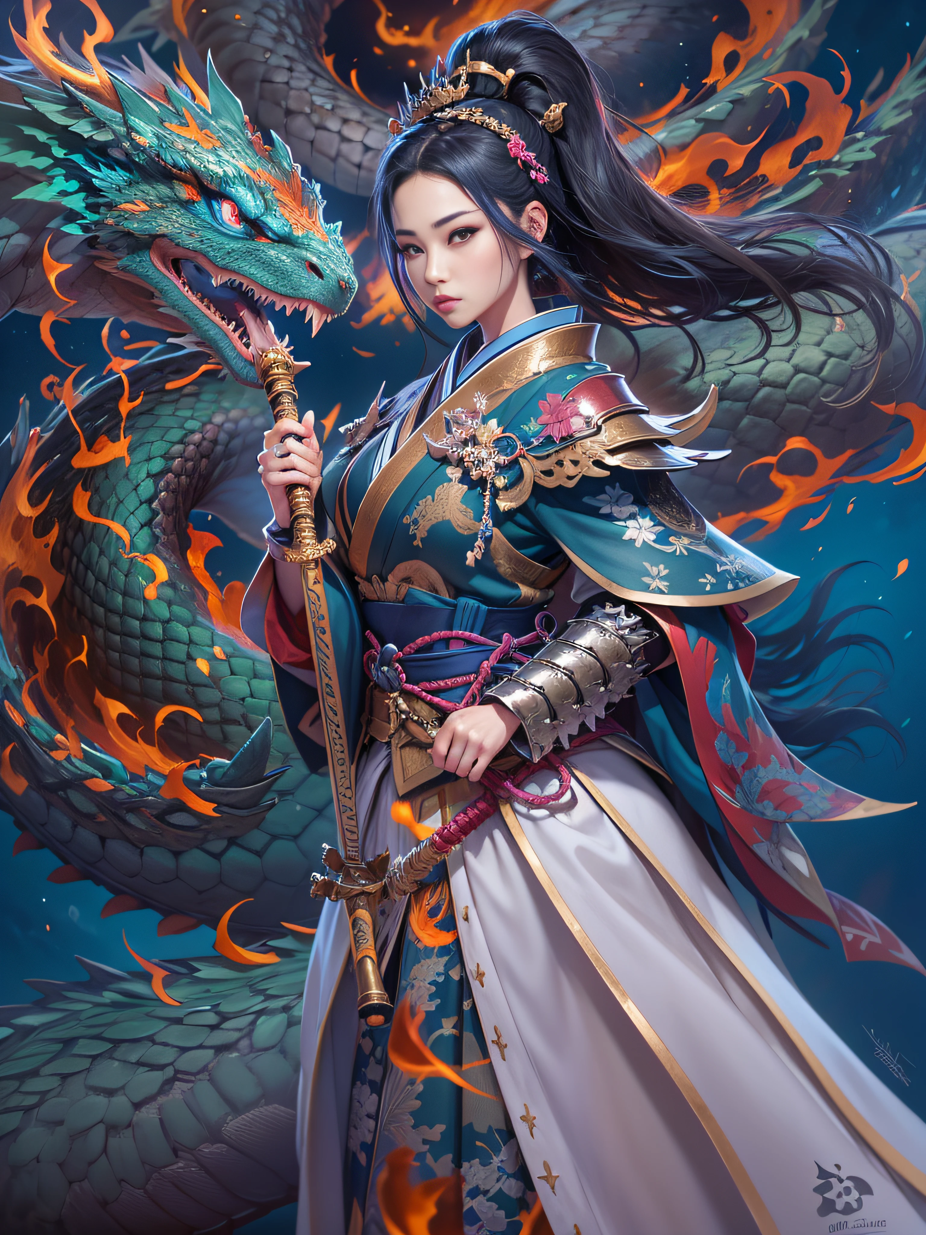 Una mujer japonesa, mujer samurai, Inspirado en cuentos de hadas, Traje armadura, traje de cuero brillante, traje color plata, Cabello largo, cabello desordenado, cabello azul, cuerpo completo, en el fondo un dragon de fuego