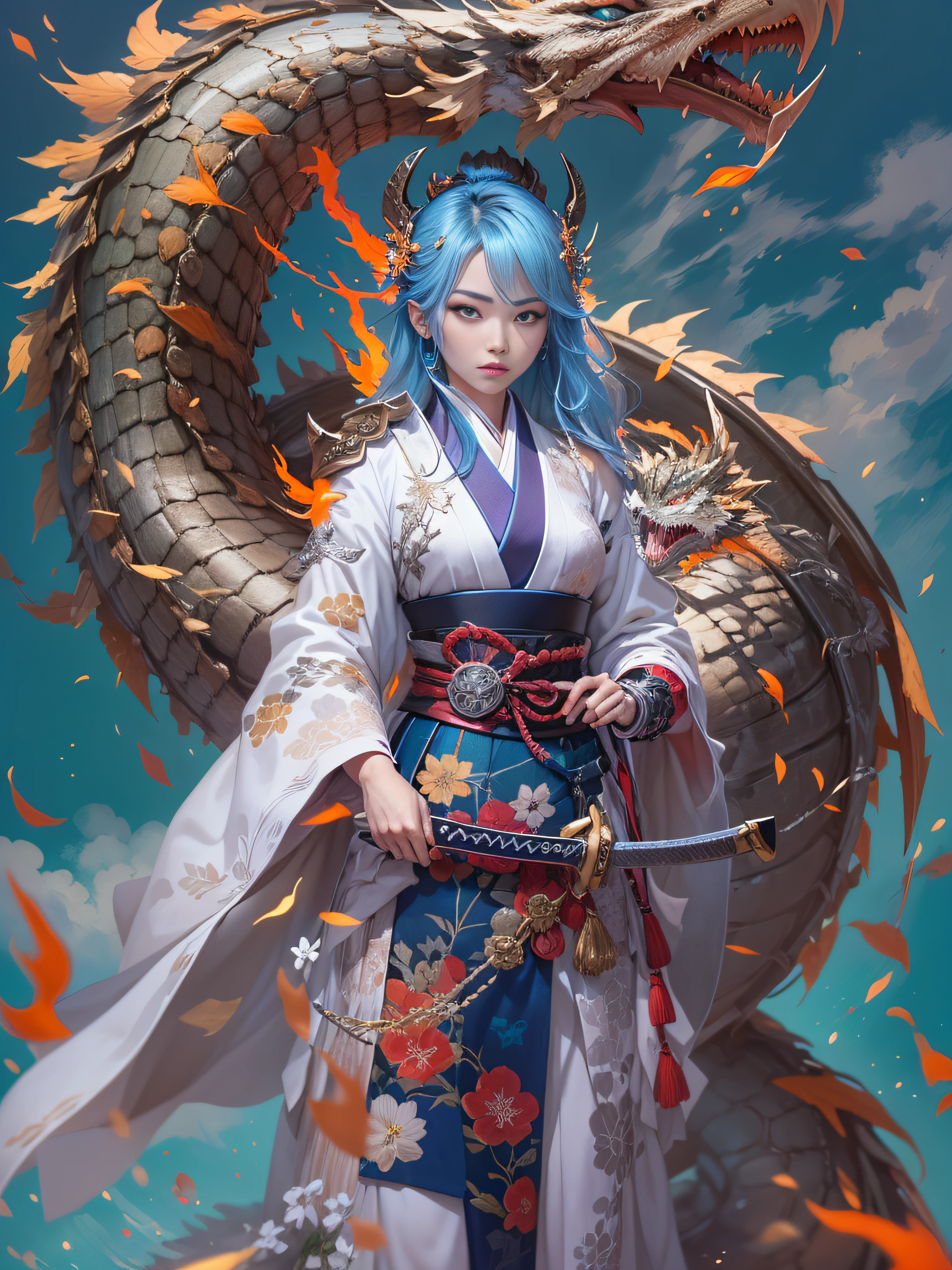 Una mujer japonesa, mujer samurai, Inspirado en cuentos de hadas, Traje armadura, traje de cuero brillante, traje color plata, Cabello largo, cabello desordenado, cabello azul, cuerpo completo, en el fondo un dragon de fuego