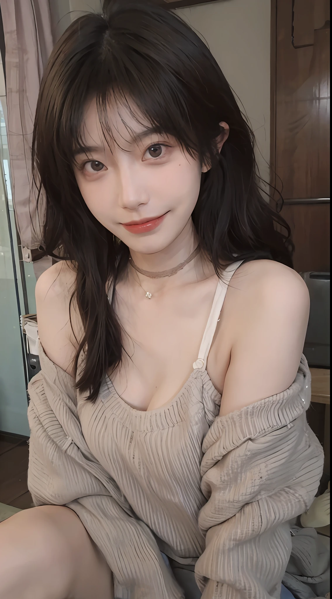 best qualtiy, 超高分辨率, (realisticlying:1.4),cute hairpin,Baoyu Girl,1girll, Beautiful woman with a slim figure:1.4, Abs:1.1, (A brown-haired, mideum breasts:1.3), Long pink sweater:1.1, 浴室,Ultra-fine face,Elaborate Eyes,二重まぶた,ssmile,choker necklace