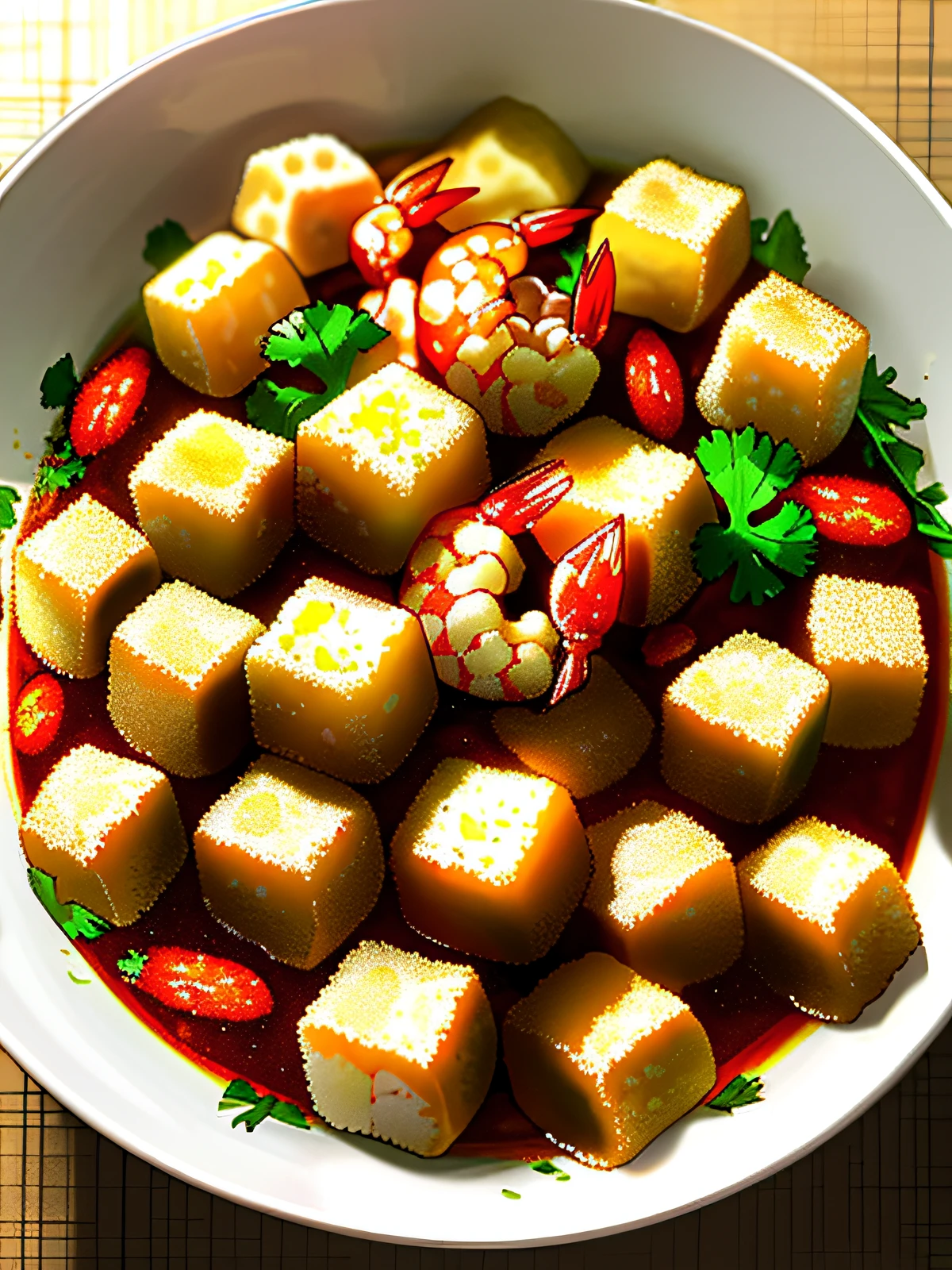 A bowl of spicy mix, with shrimp, tofu cubes, coriander, fish balls, tofu puffs, beef cubes
