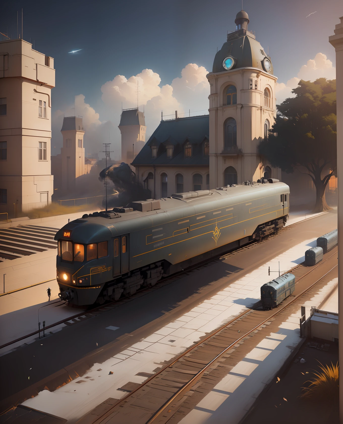There's a train that's coming down the tracks near a building, Dieselpunk Station, Bussiere Rutkowski Andreas Rocha, No estilo de arte de Filip Hodas, Directed by: Adrian Zingg, art nouveau octane render, aventura render hiper realista, Directed by: Alexander Bogen, Directed by: Artur Tarnowski, Alexey Egorov