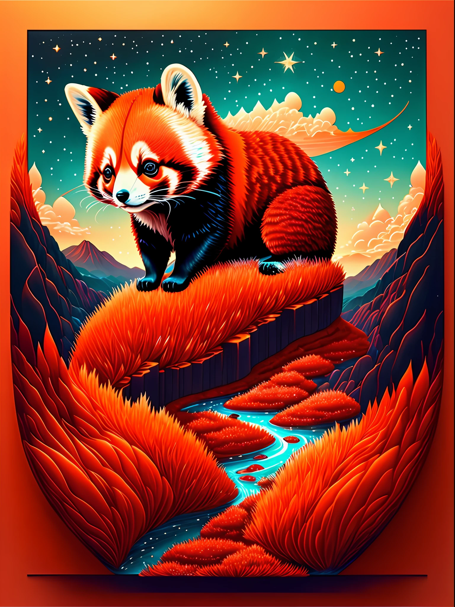 One Red Panda、Beautiful earth filled with water and lava、Convoluted、masterpiece、expert、A highly detailed、4K、composition、framing、centre、Symetrical、paint、Convoluted、voluminous lighting、A masterpiece of beautiful rich deep colors、Sharp focus、ultra-detailliert、Dan Mumford and Mark Simonetti's style、Astrophotography